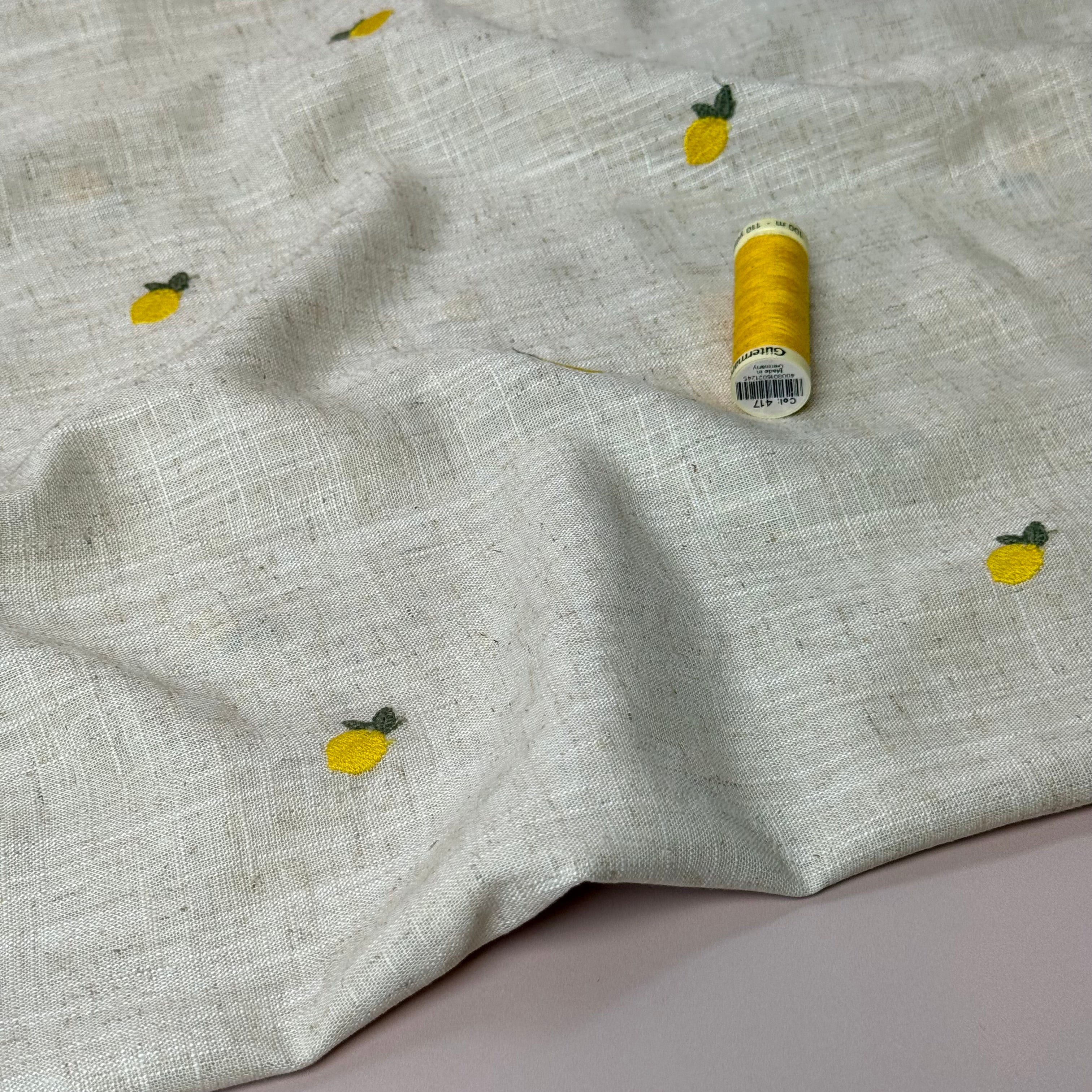 Embroidered Lemons on Natural Viscose Linen Blend Fabric