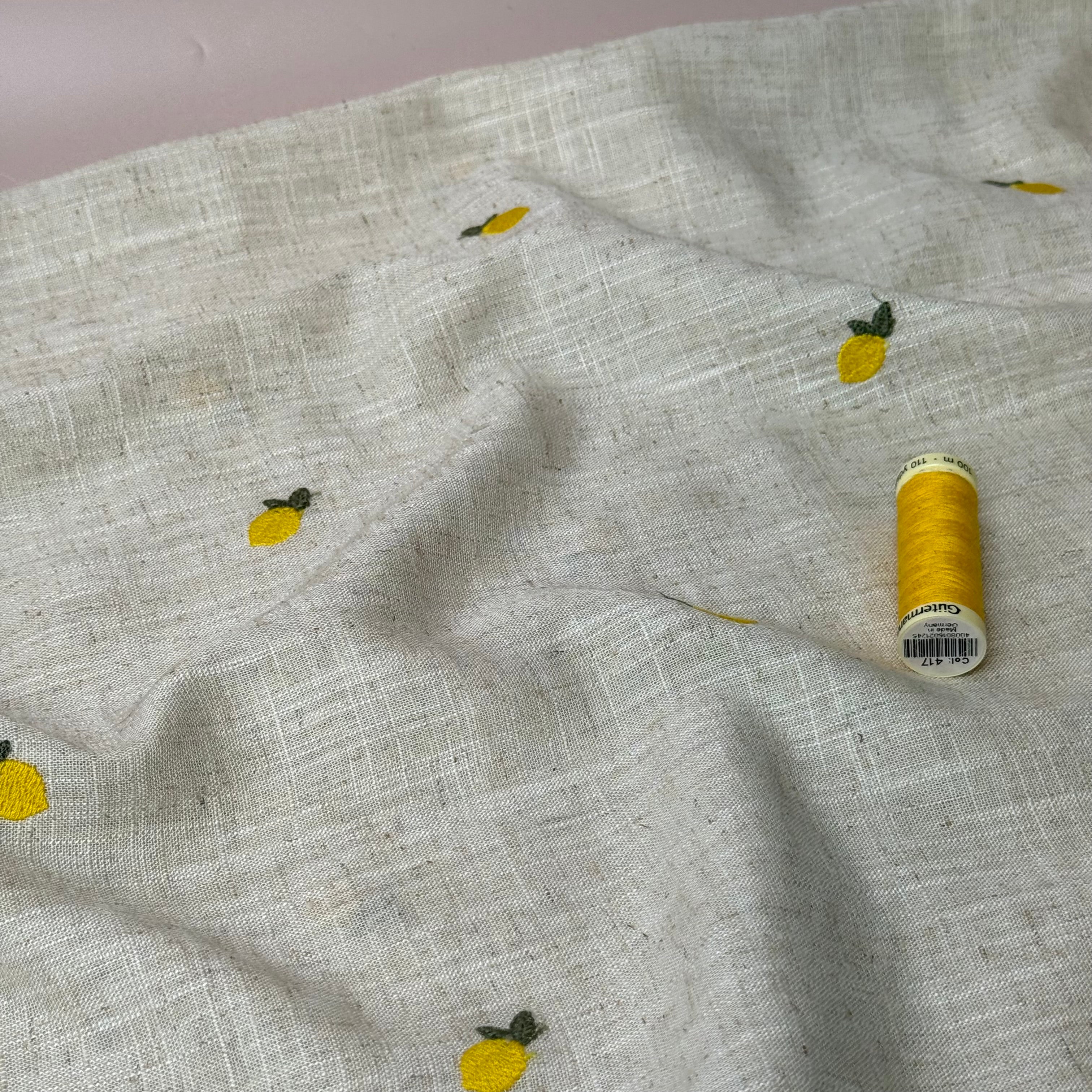 Embroidered Lemons on Natural Viscose Linen Blend Fabric