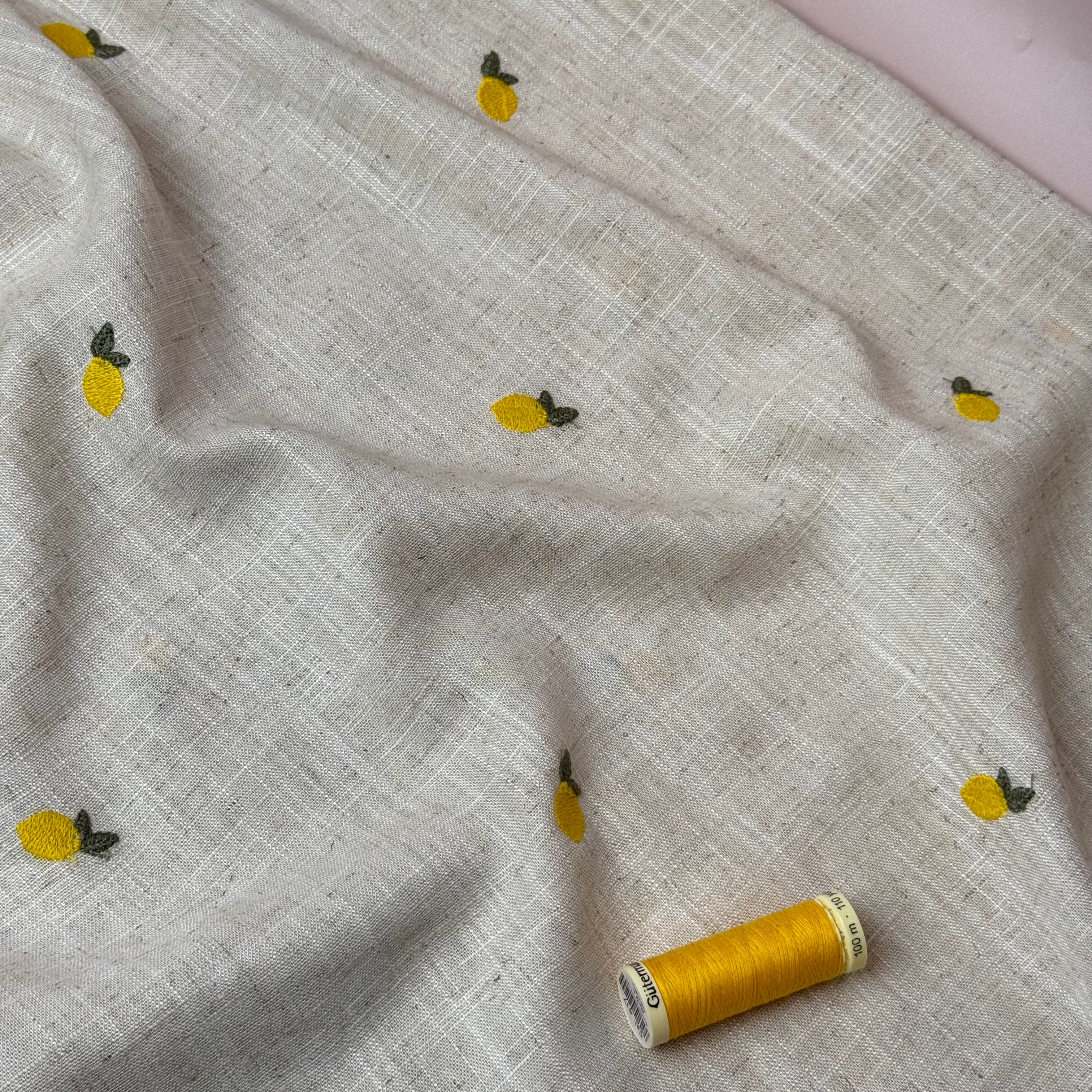 Embroidered Lemons on Natural Viscose Linen Blend Fabric