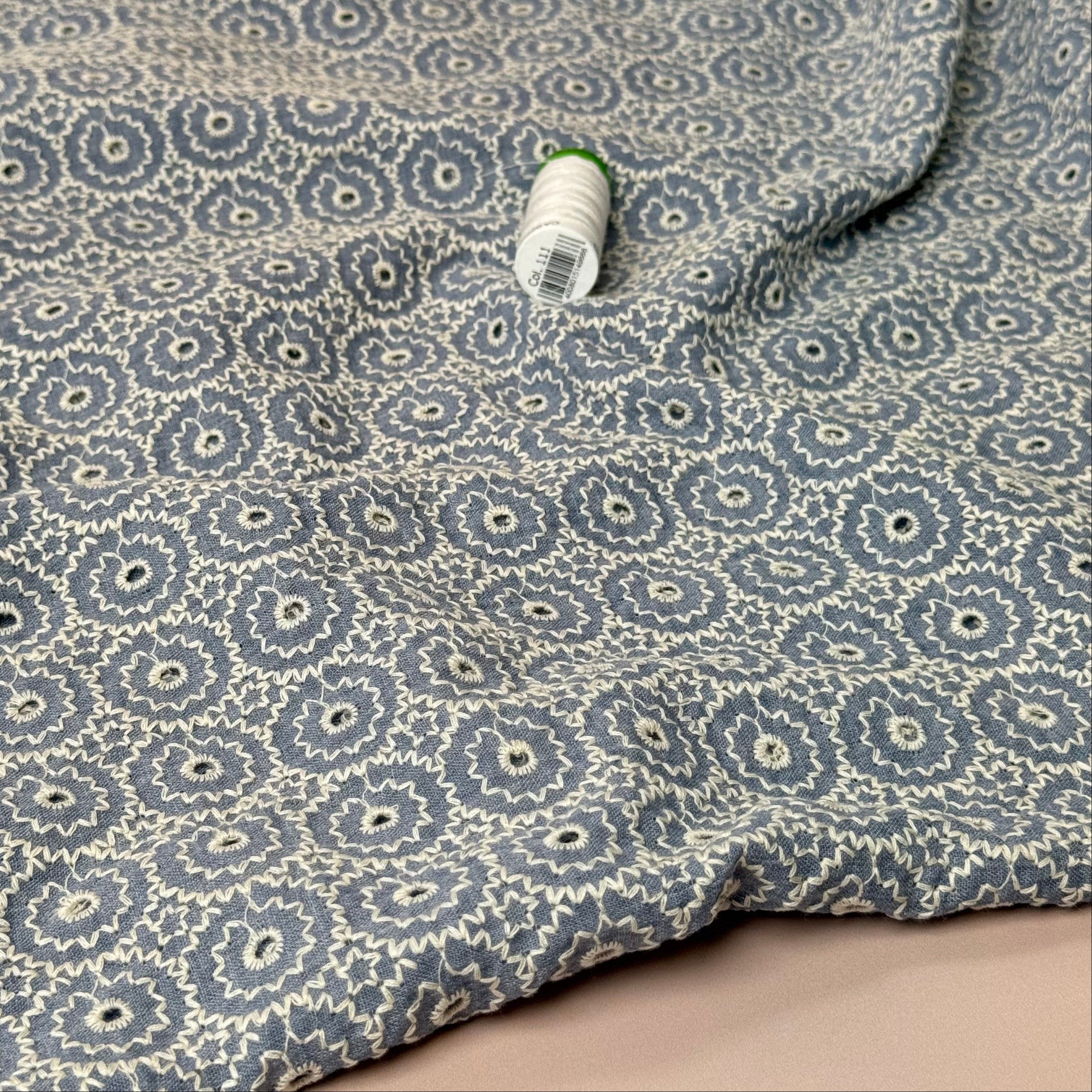 Embroidered Circles on Blue Eyelet Cotton Fabric