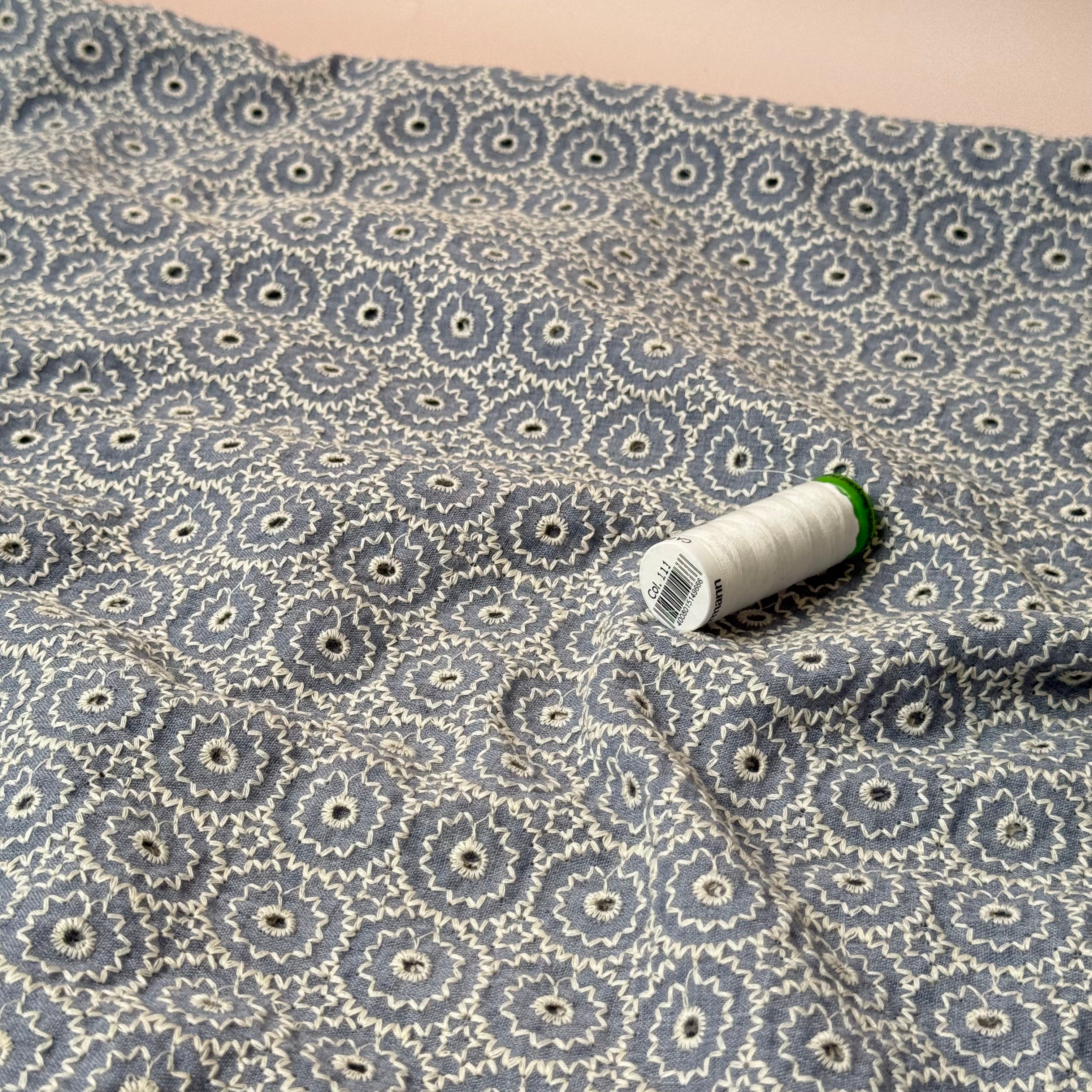Embroidered Circles on Blue Eyelet Cotton Fabric