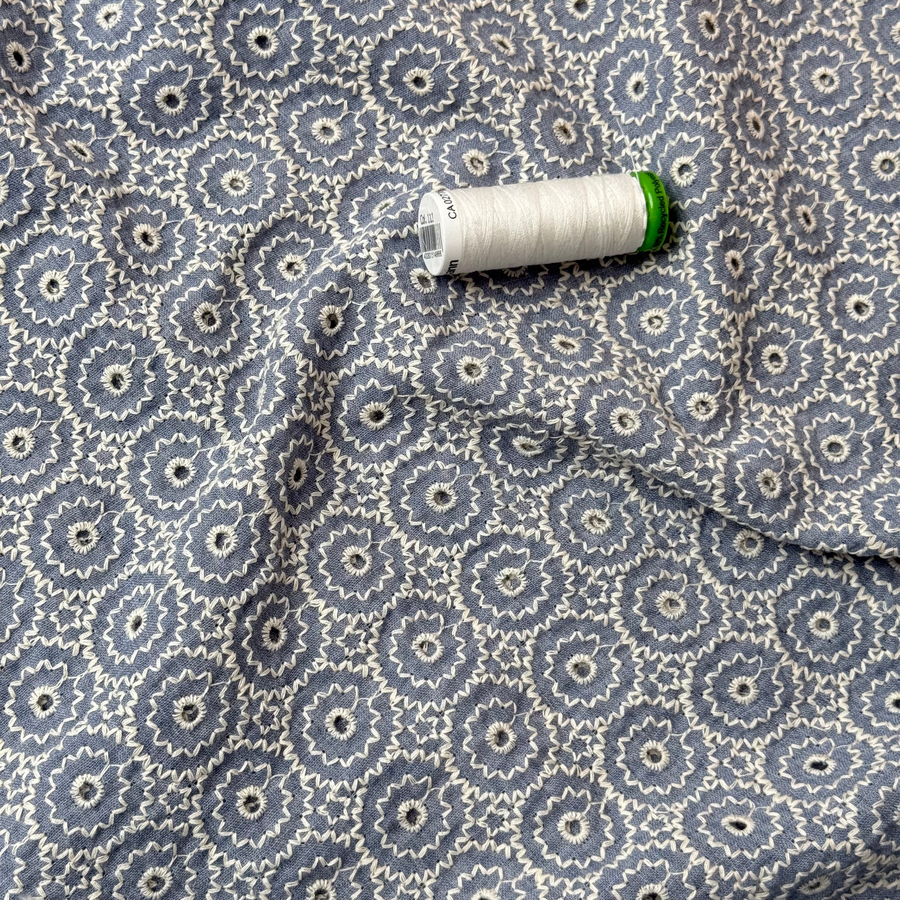 Embroidered Circles on Blue Eyelet Cotton Fabric