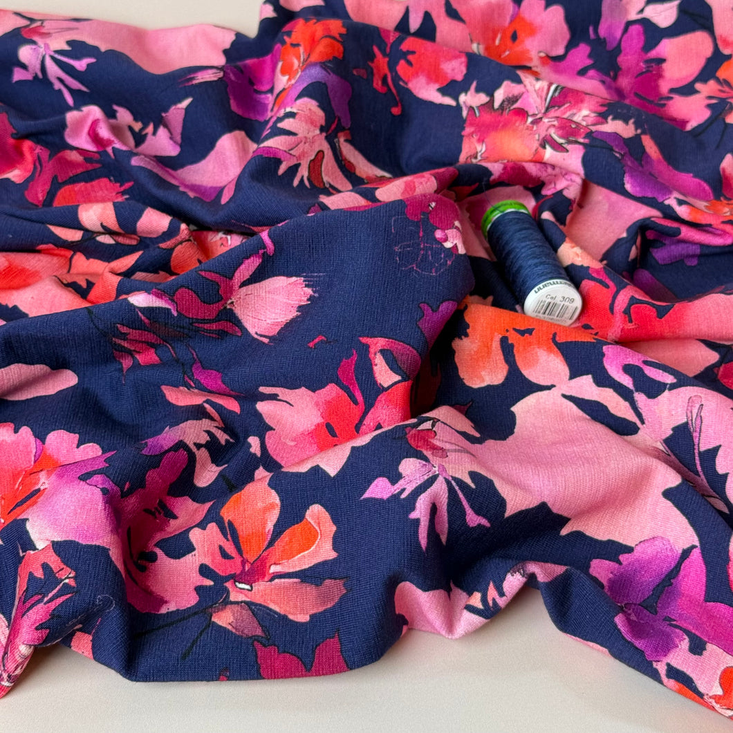 REMNANT 1.6 Metres - Painterly Pink Flowers on Navy Cotton Jersey Fabric