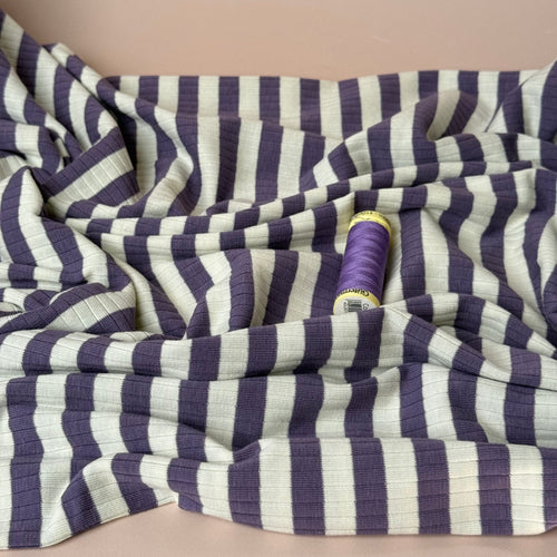 Yarn Dyed Striped Cotton Ribbed Jersey in Lavender and White