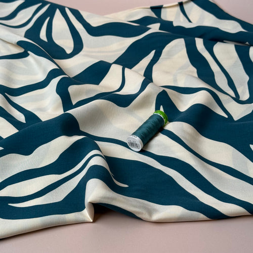 Abstract Floral Teal Viscose Poplin Fabric