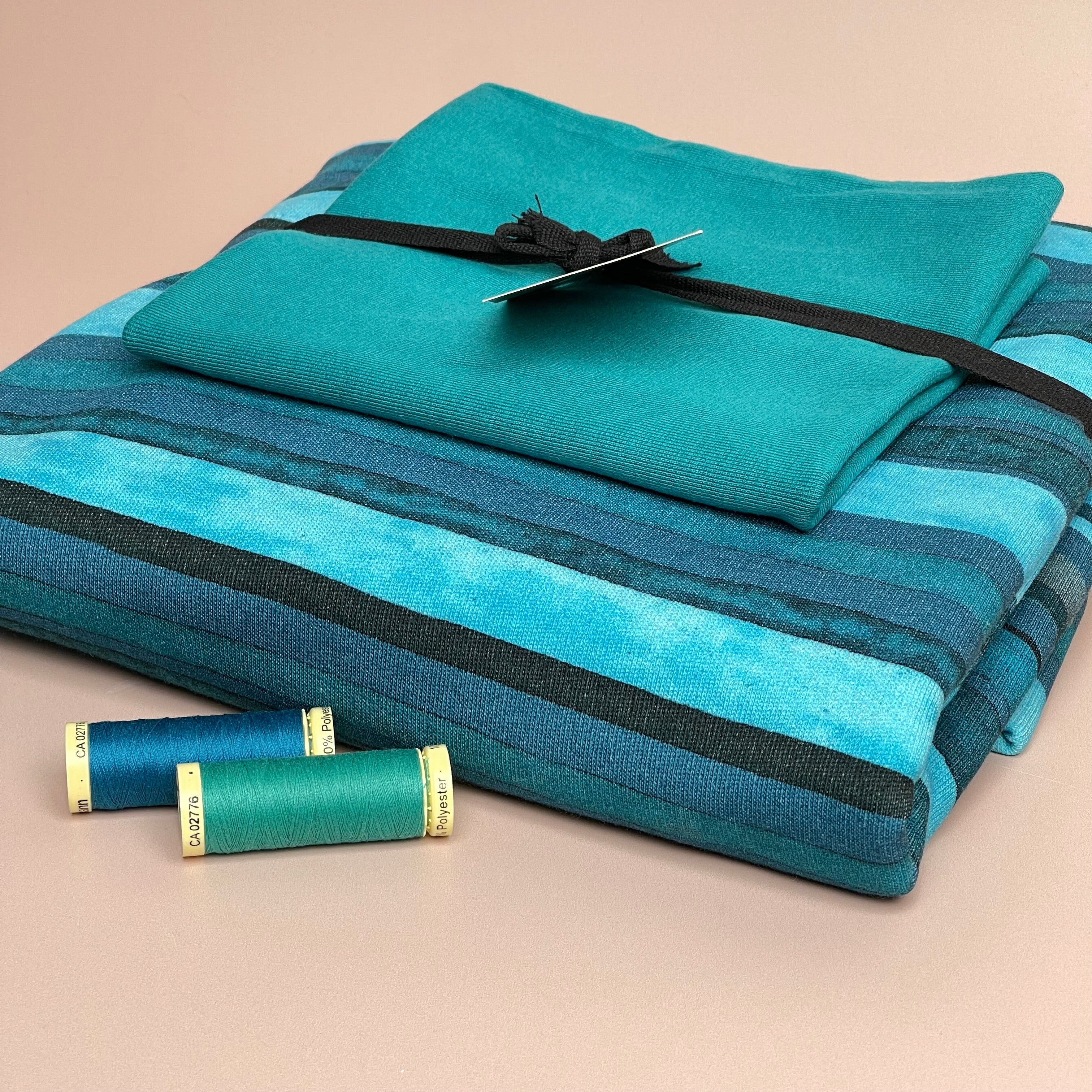 Colour Bundles - Aqua Stripes Cotton French Terry and Ribbing