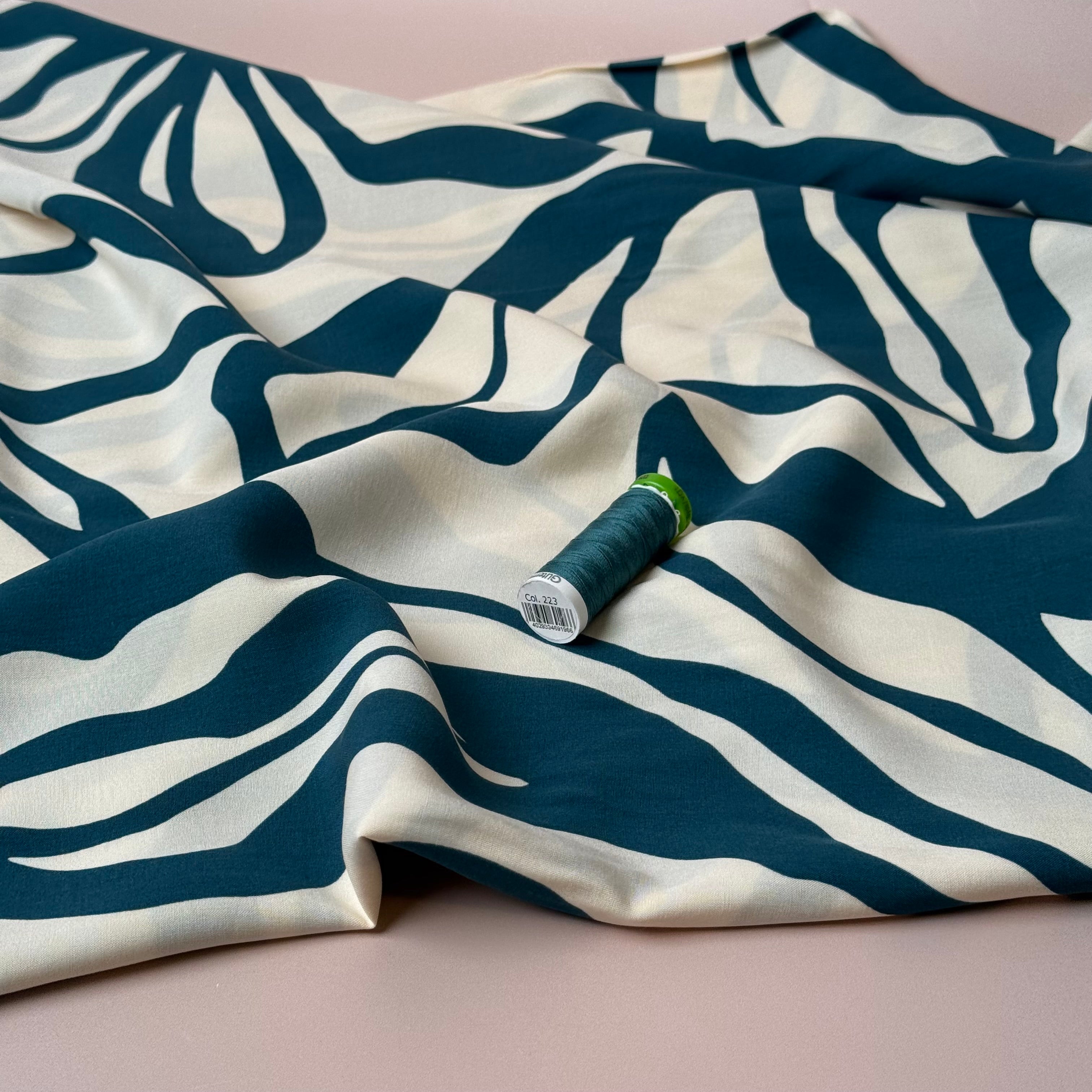 Abstract Floral Teal Viscose Poplin Fabric