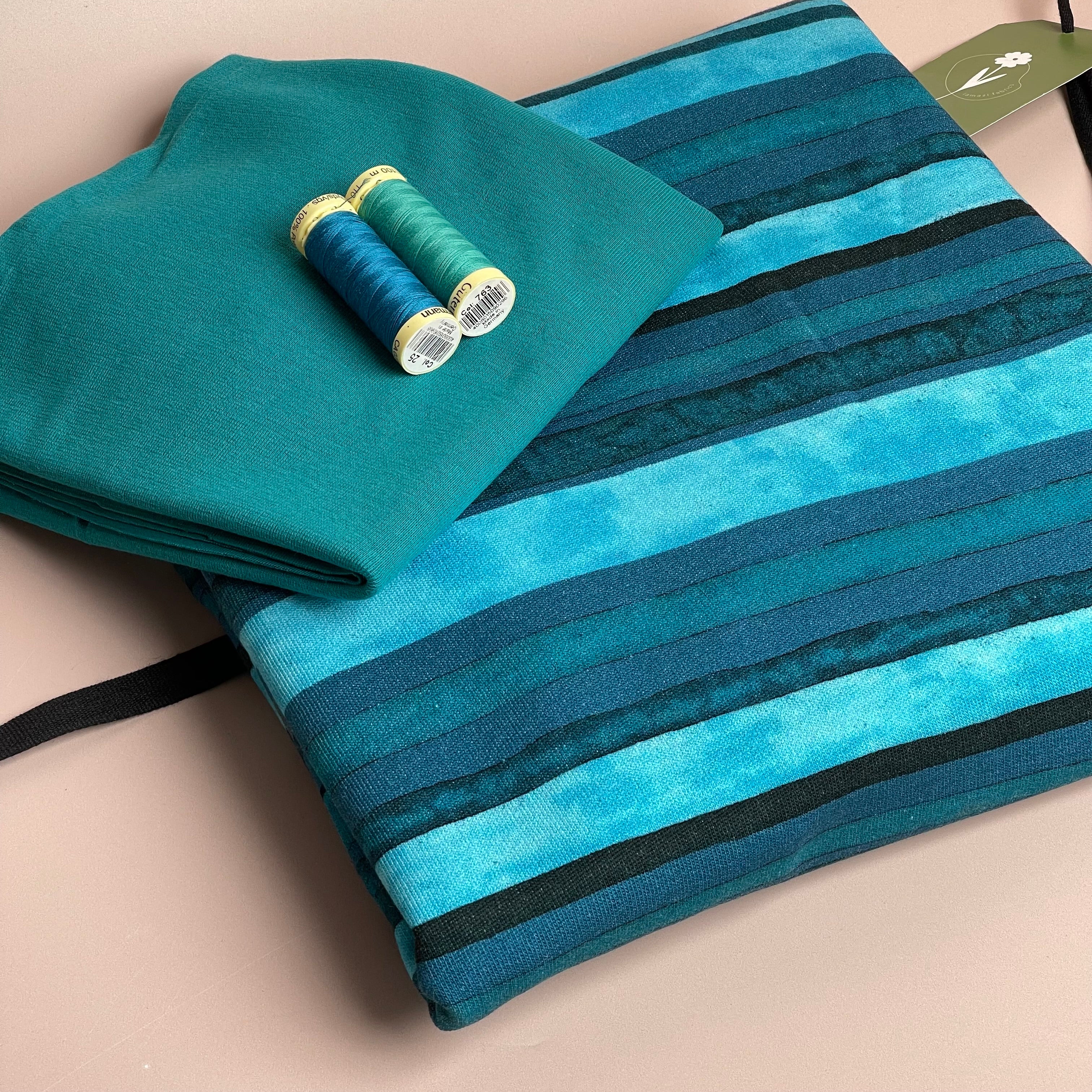 Colour Bundles - Aqua Stripes Cotton French Terry and Ribbing