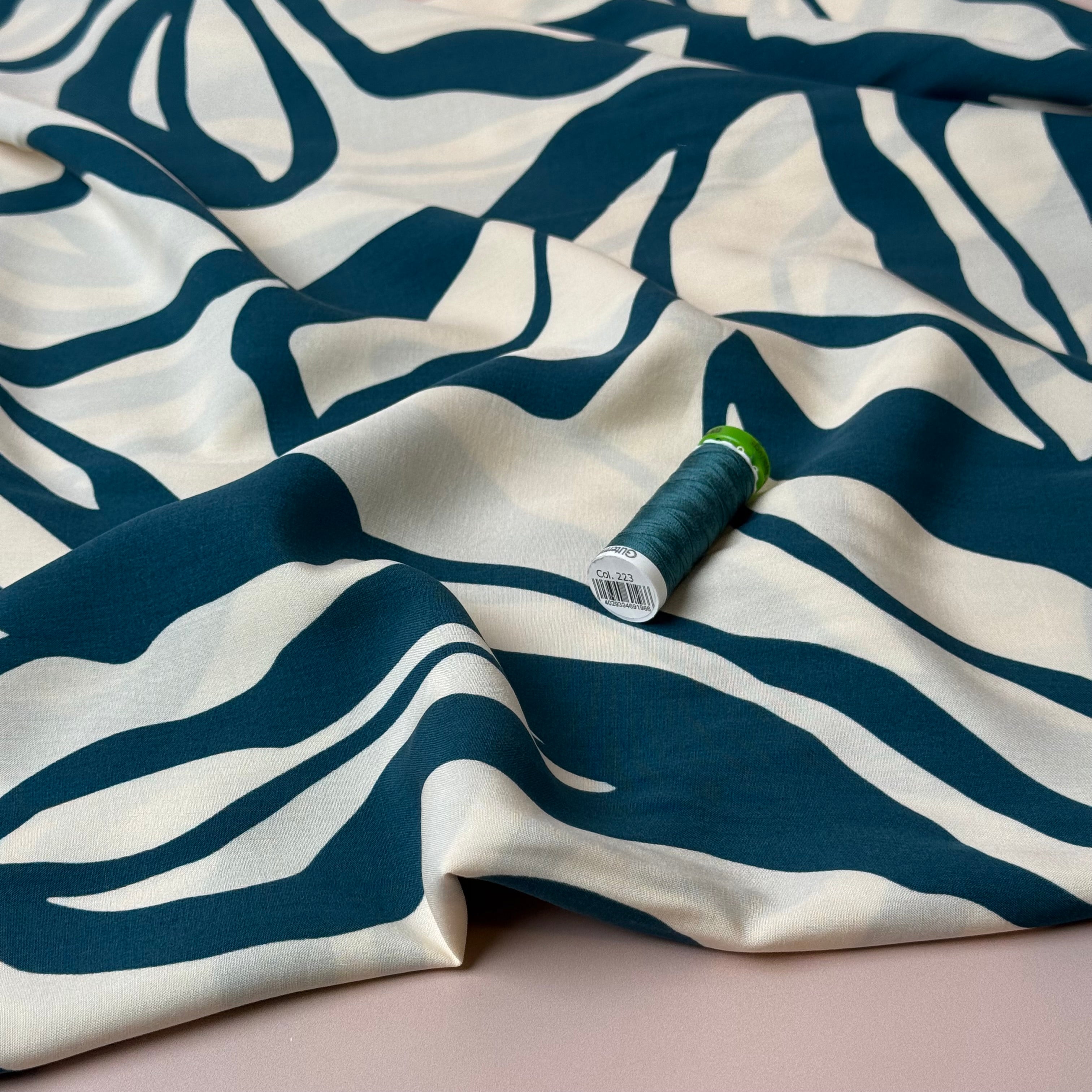 Abstract Floral Teal Viscose Poplin Fabric
