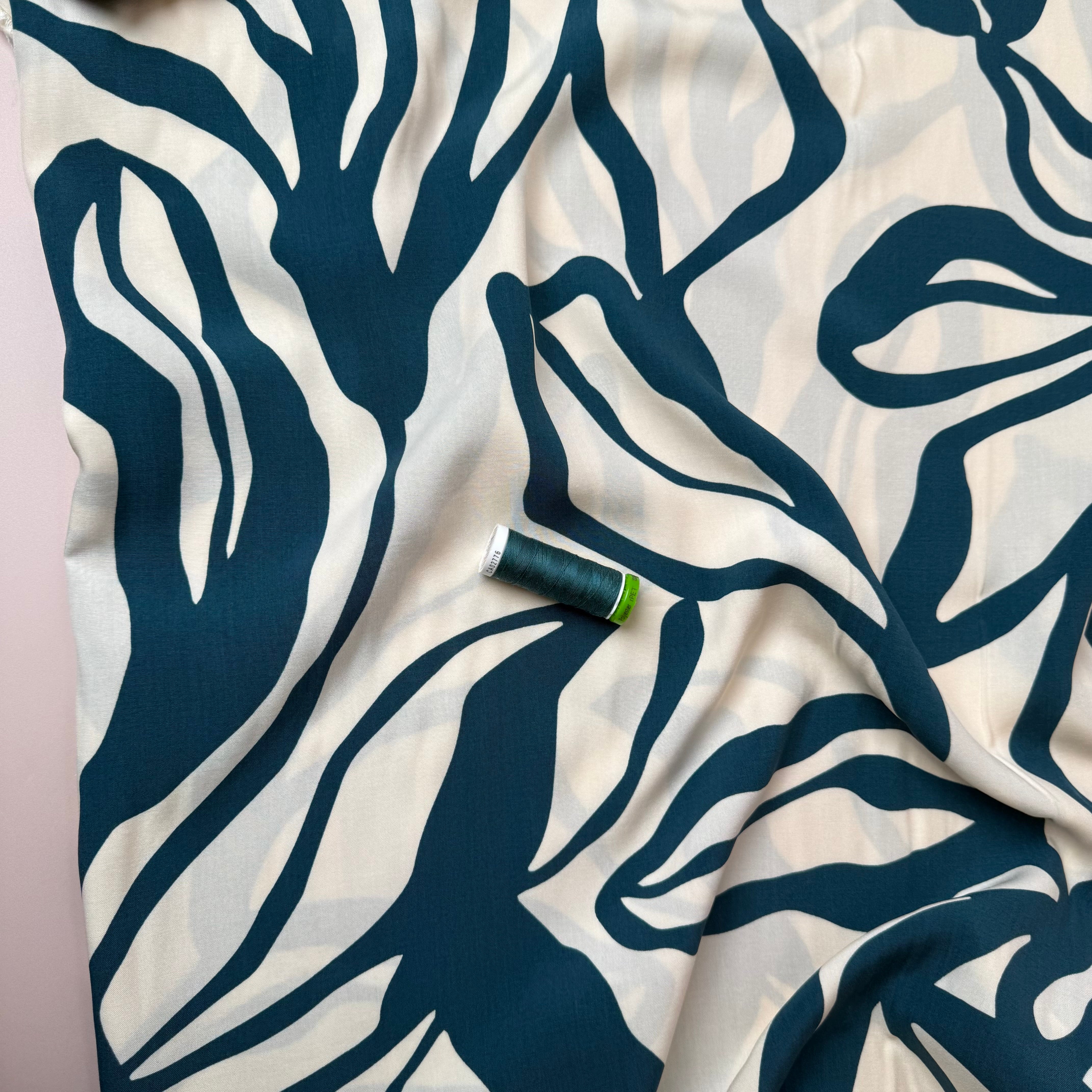 Abstract Floral Teal Viscose Poplin Fabric