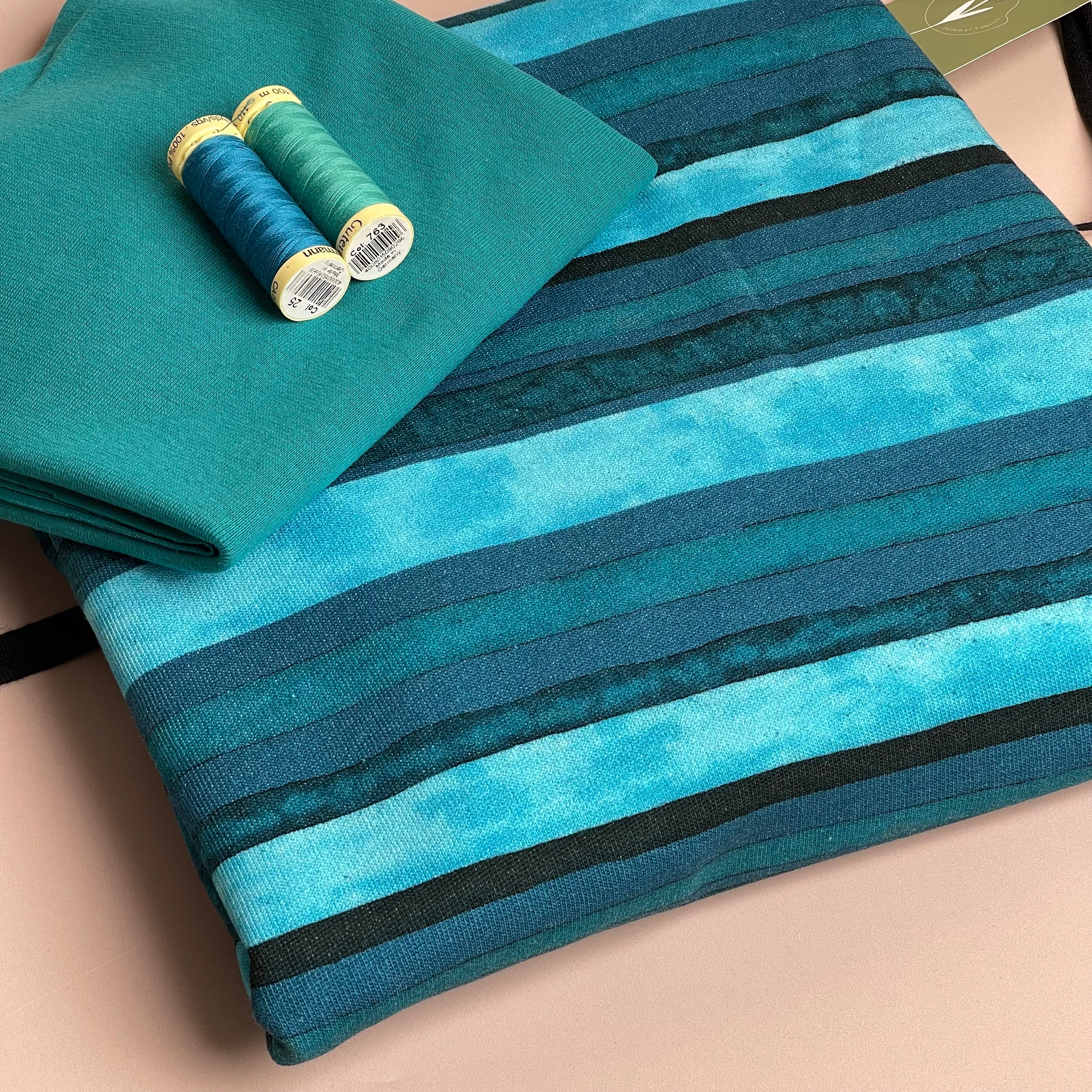 Colour Bundles - Aqua Stripes Cotton French Terry and Ribbing