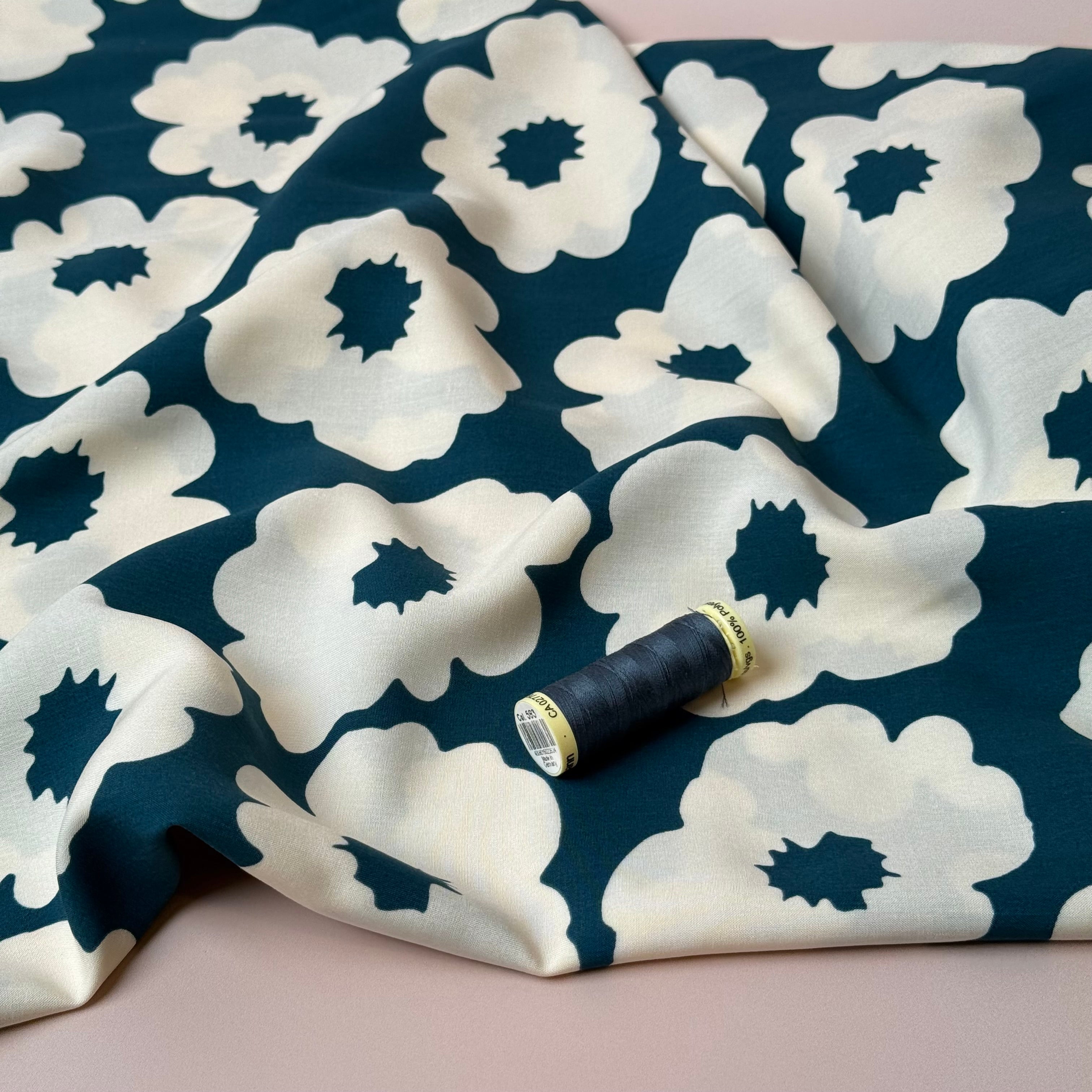 Graphic Flowers Teal Viscose Poplin Fabric