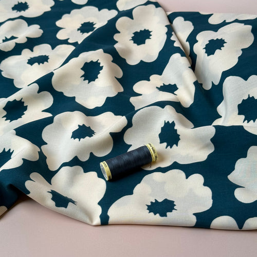 Graphic Flowers Teal Viscose Poplin Fabric