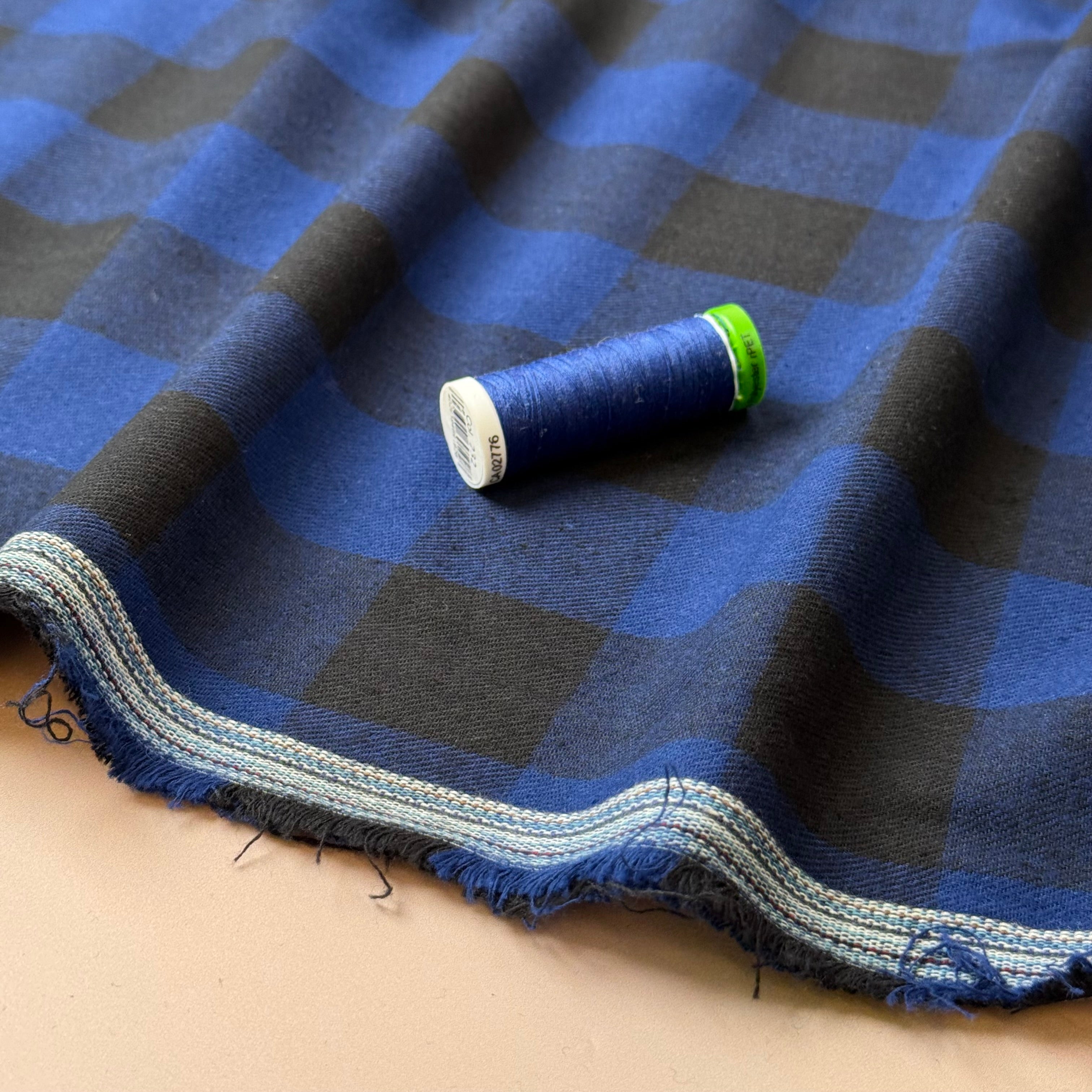 Gingham Black & Royal Blue Brushed Cotton Flannel