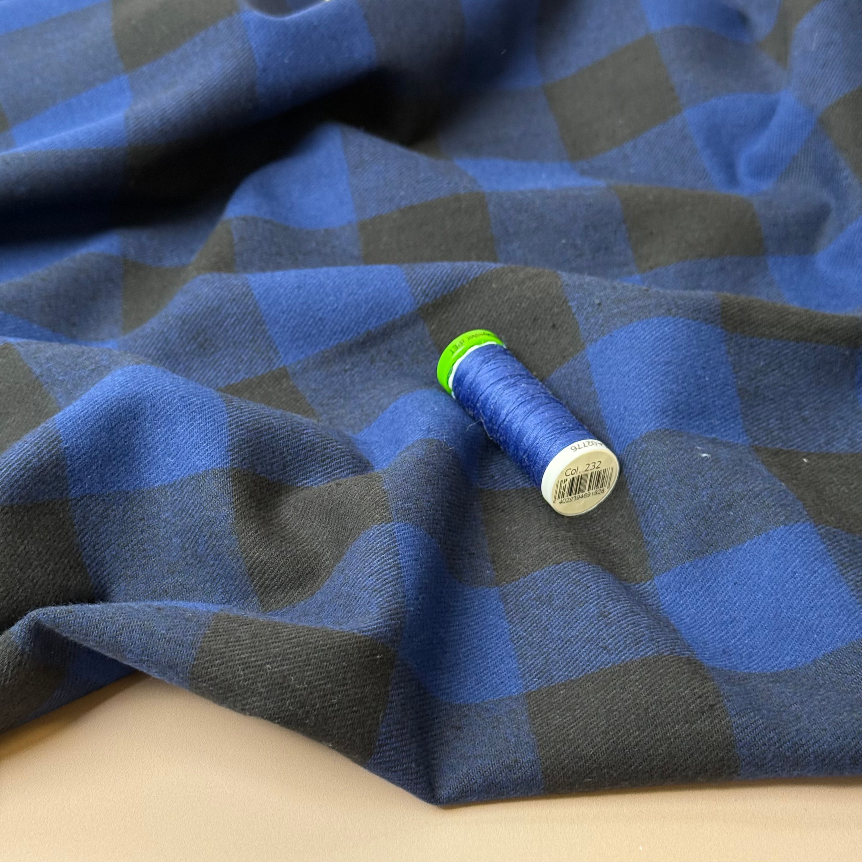 Gingham Black & Royal Blue Brushed Cotton Flannel