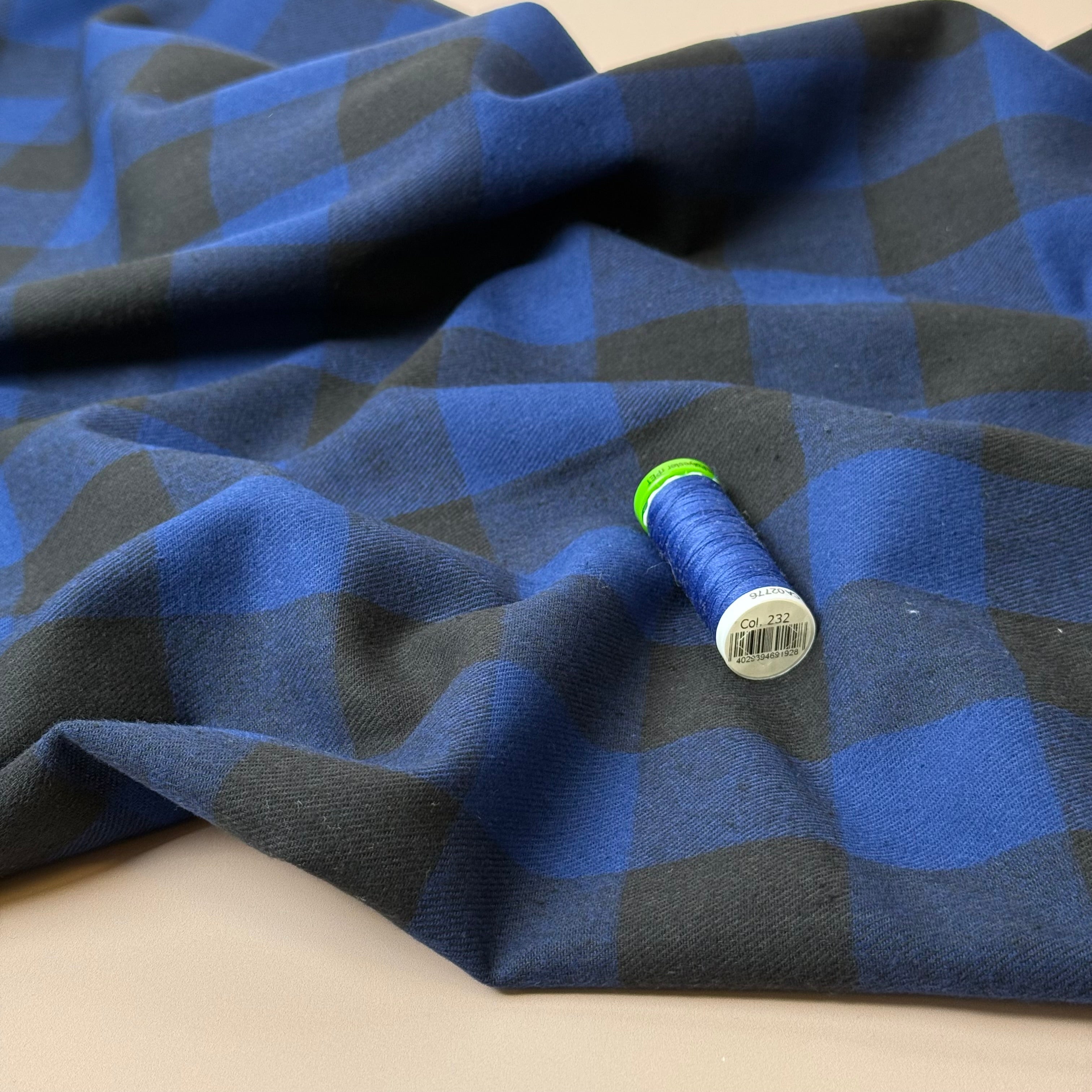 Gingham Black & Royal Blue Brushed Cotton Flannel