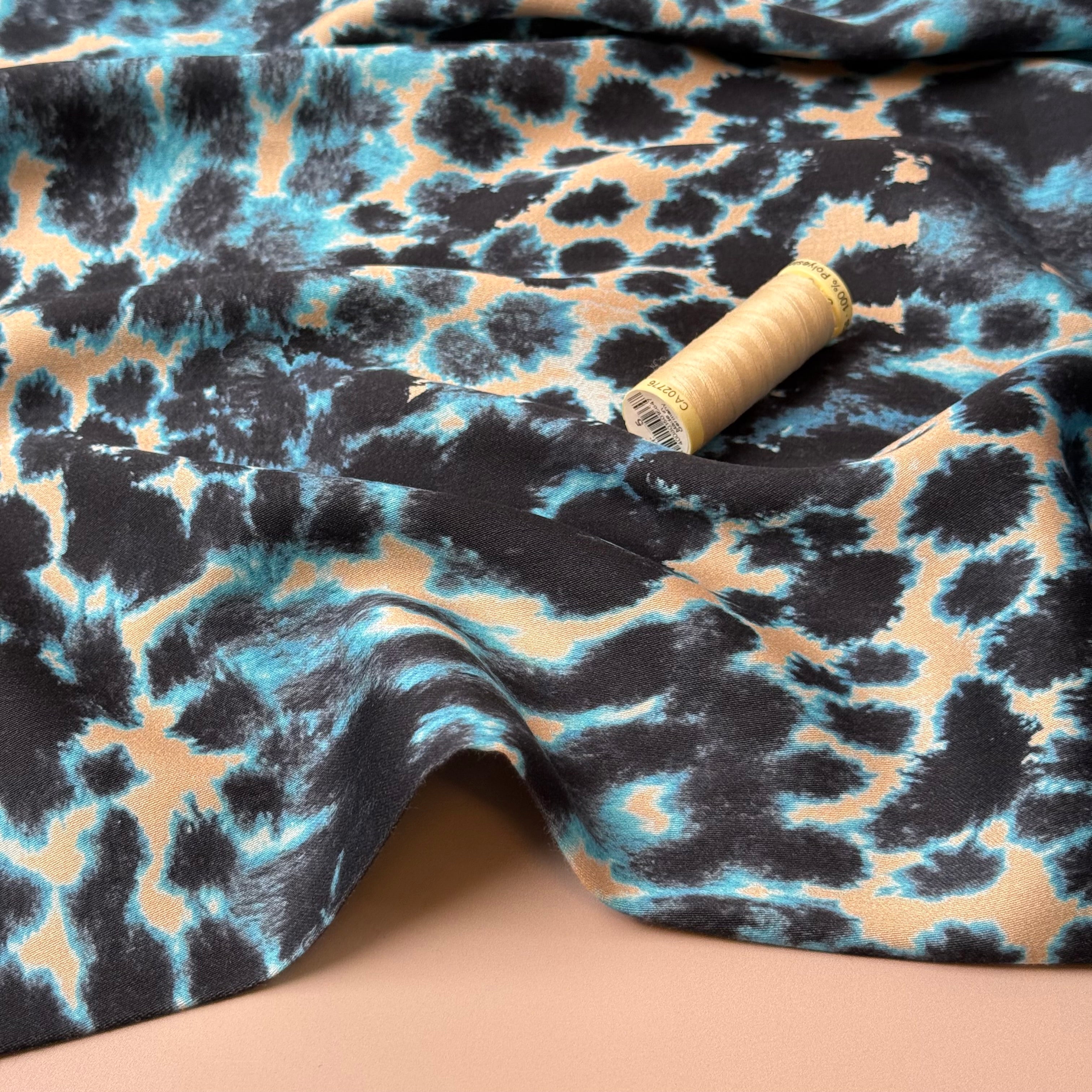 Turquoise Animal Print Viscose Sateen Fabric