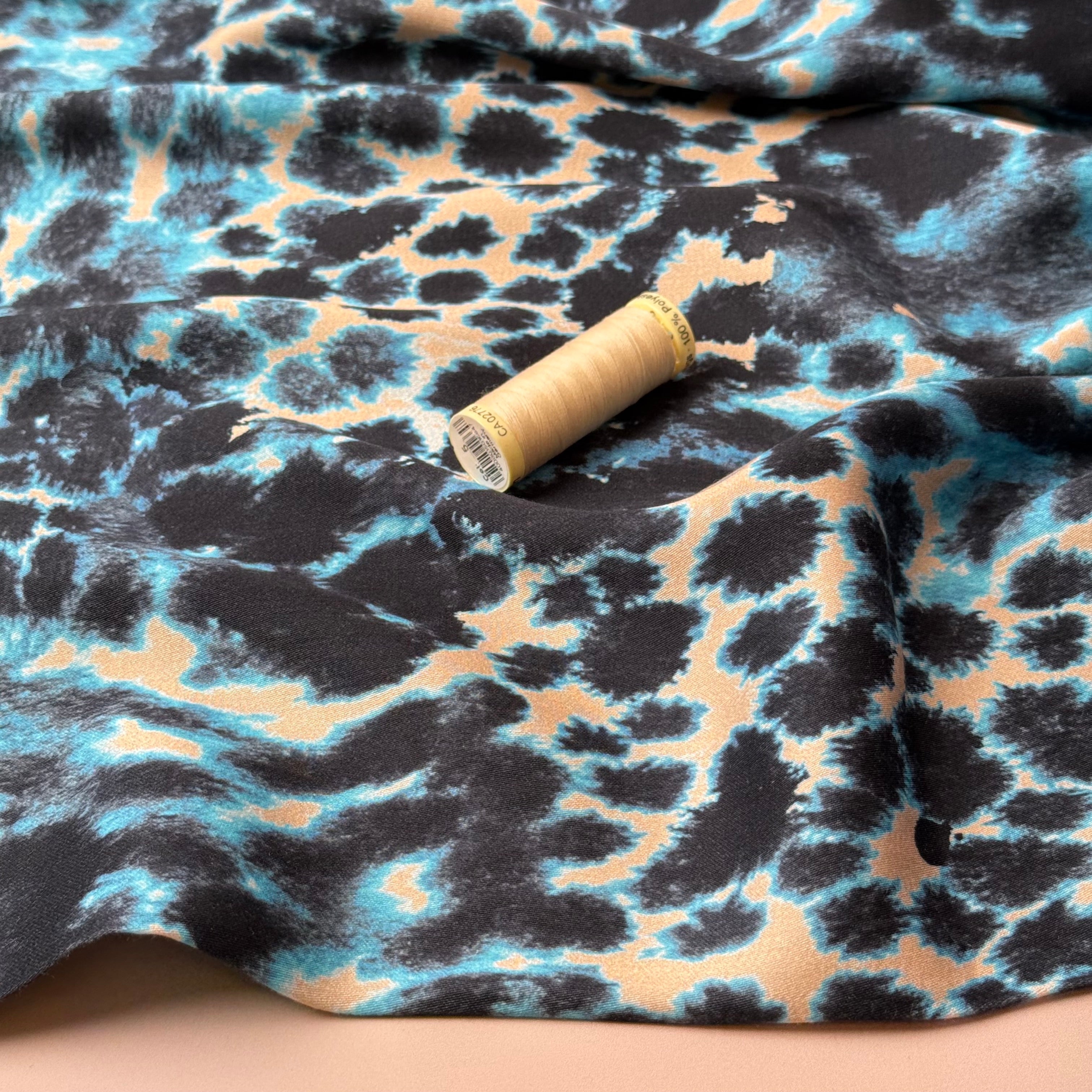 Turquoise Animal Print Viscose Sateen Fabric