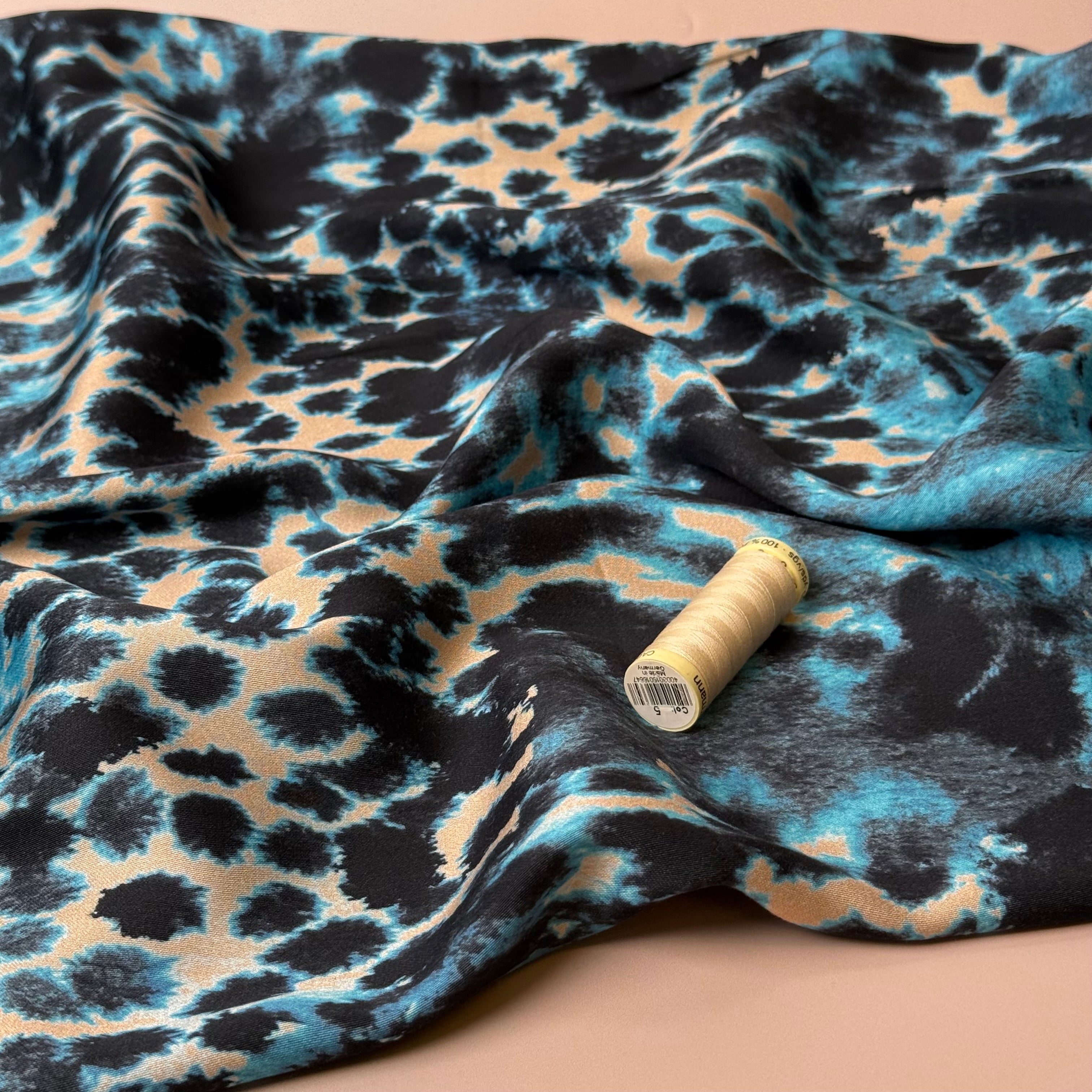 Turquoise Animal Print Viscose Sateen Fabric
