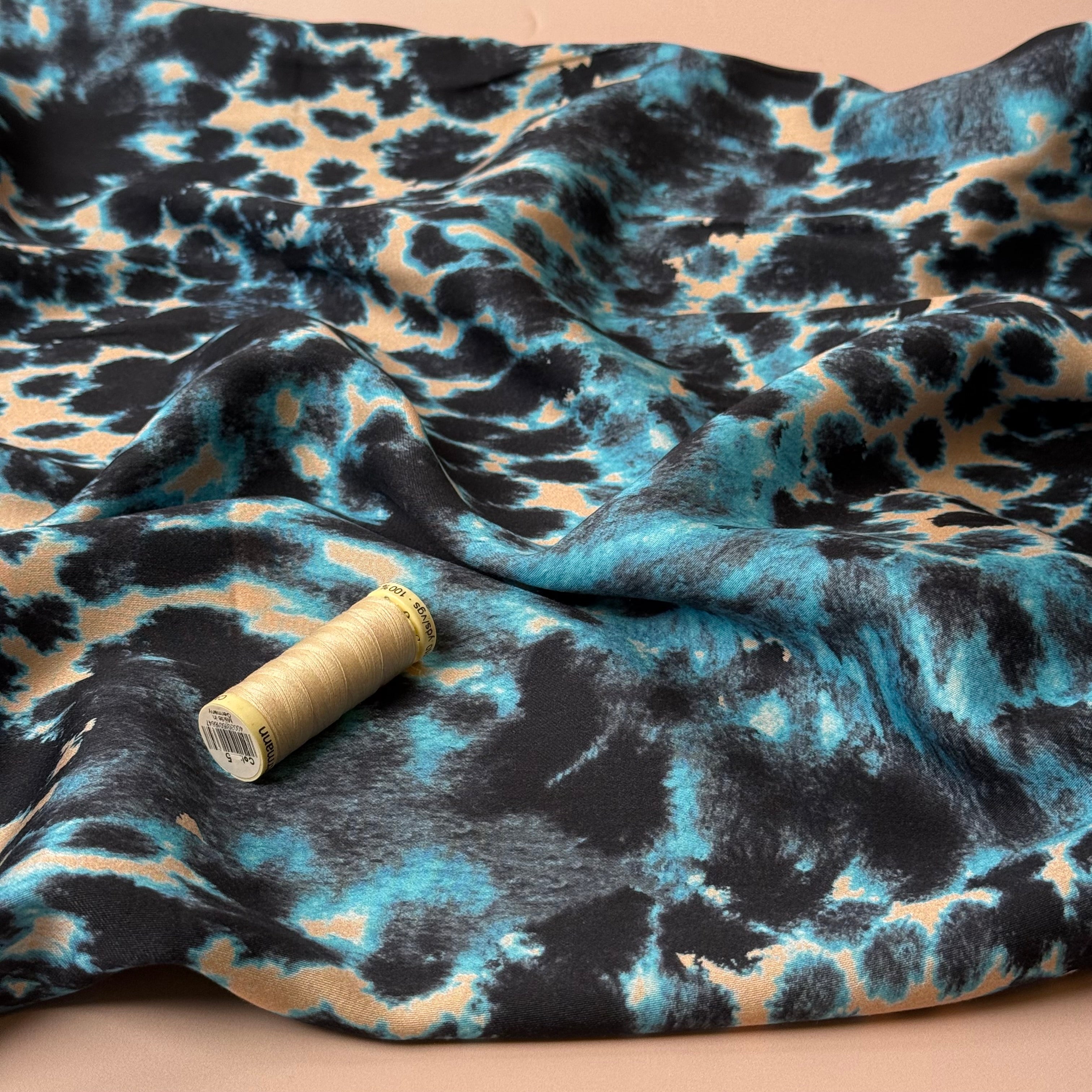 Turquoise Animal Print Viscose Sateen Fabric
