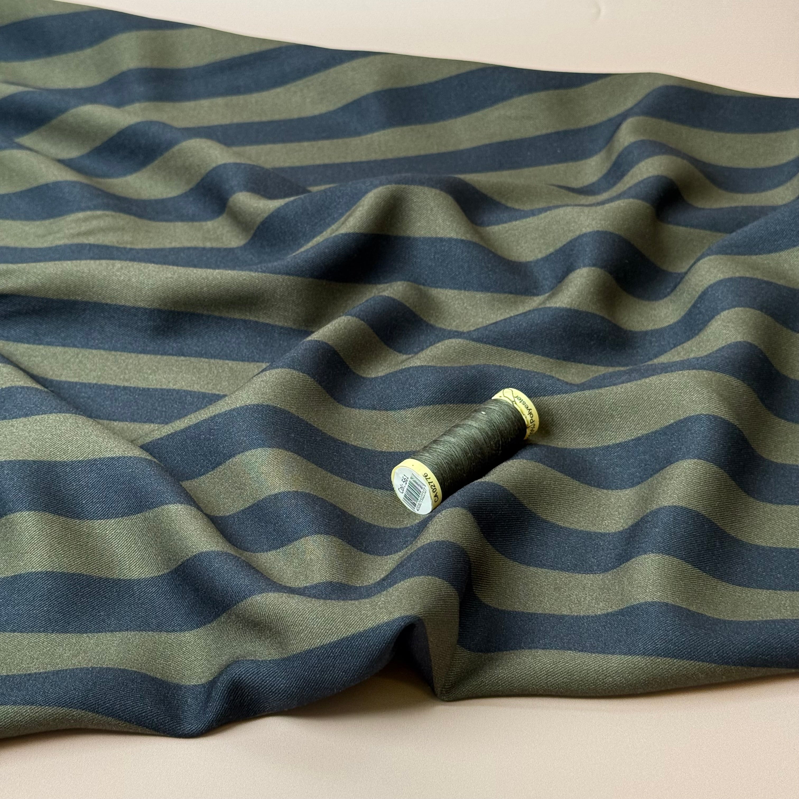 Light & Lush - Stripes in Dark Olive Viscose Twill Fabric