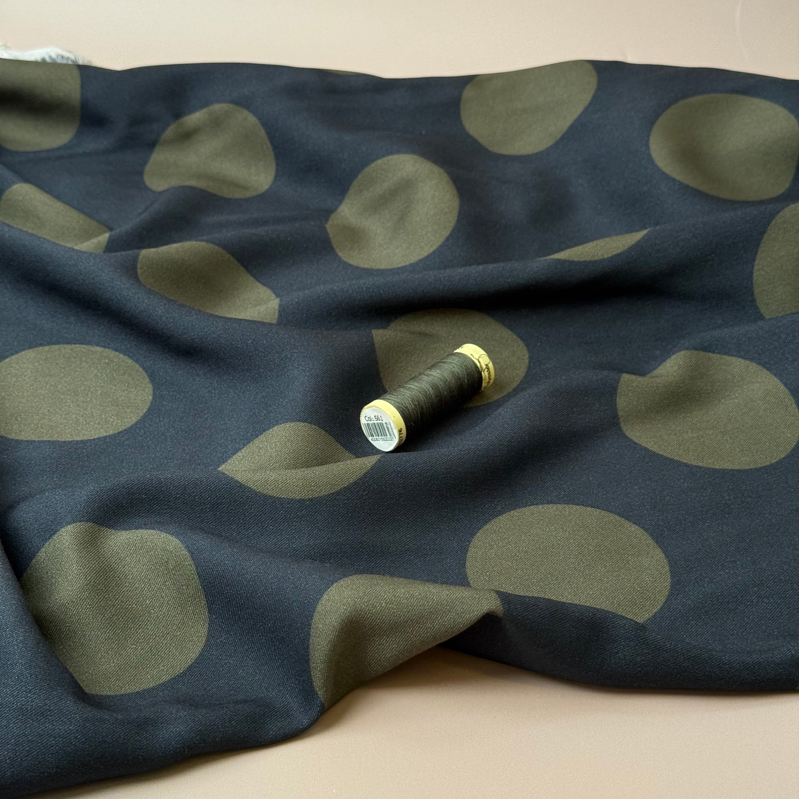 Light & Lush - Large Polka Dots in Dark Olive Viscose Twill Fabric