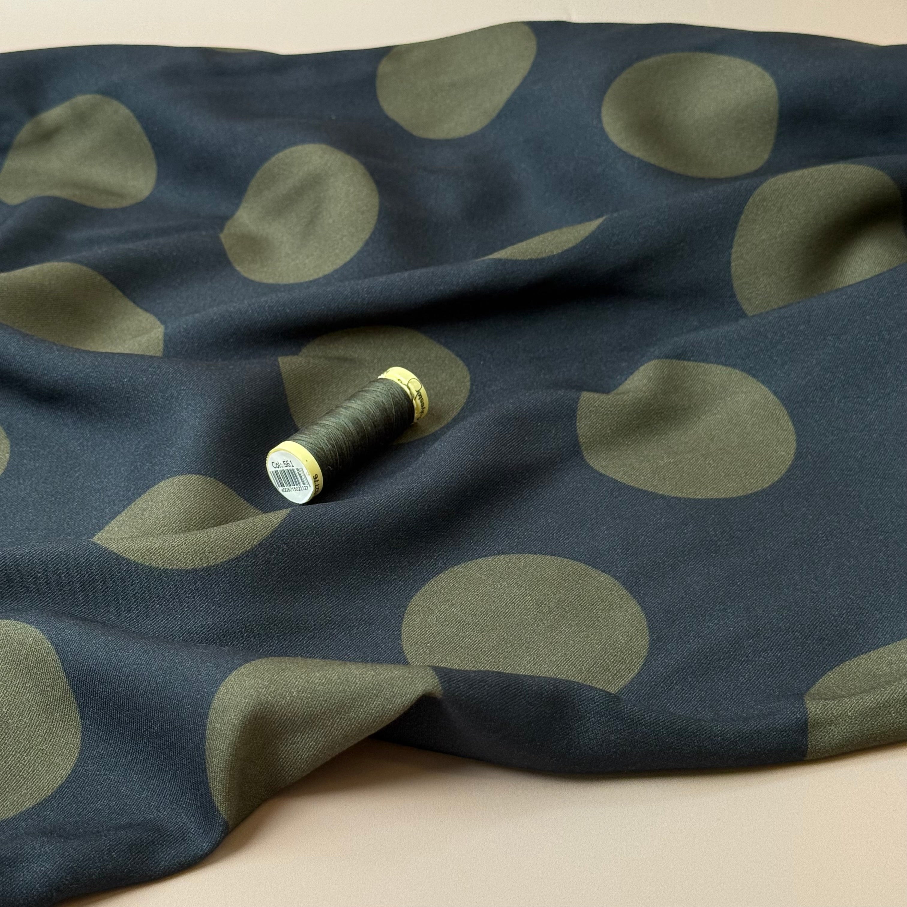 Light & Lush - Large Polka Dots in Dark Olive Viscose Twill Fabric