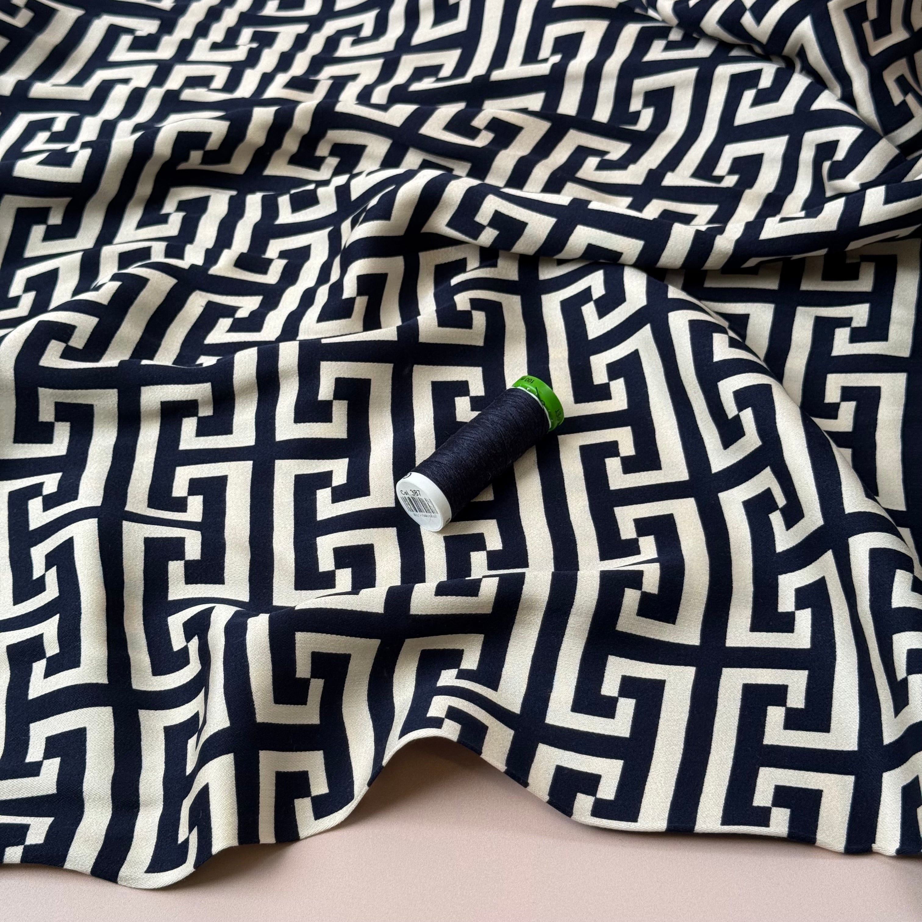 Maze Dark Navy Viscose Sateen Fabric