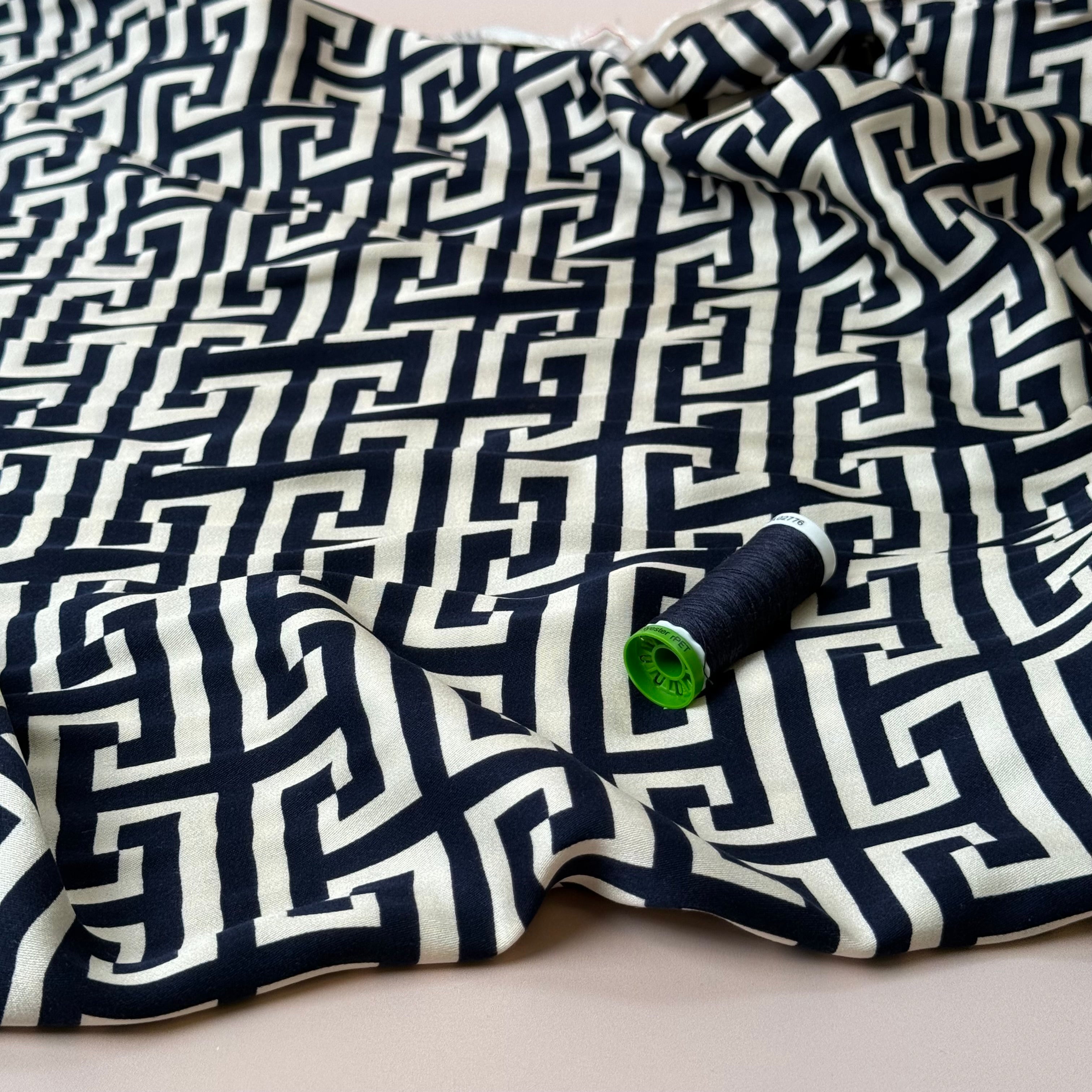Maze Dark Navy Viscose Sateen Fabric