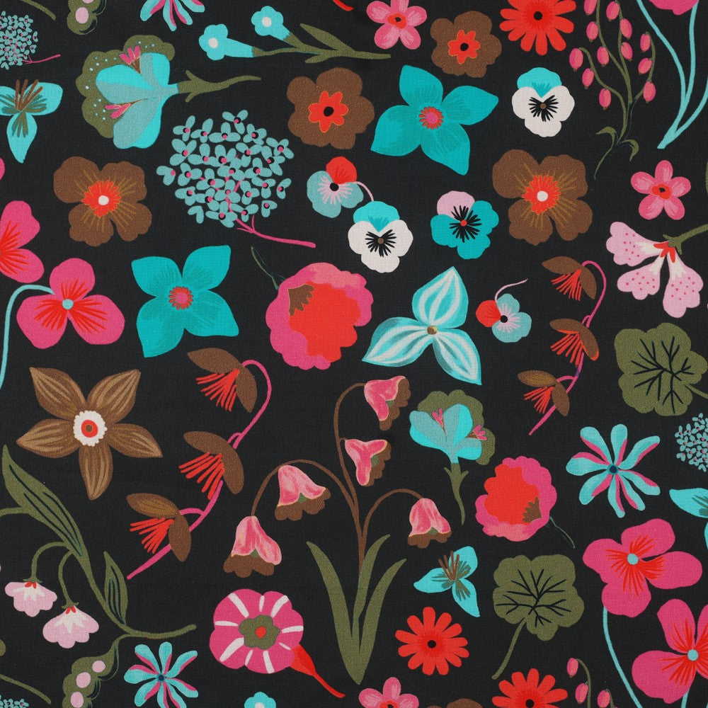 Nerida Hansen - Meadow Flowers on Jet Black Cotton Poplin Fabric