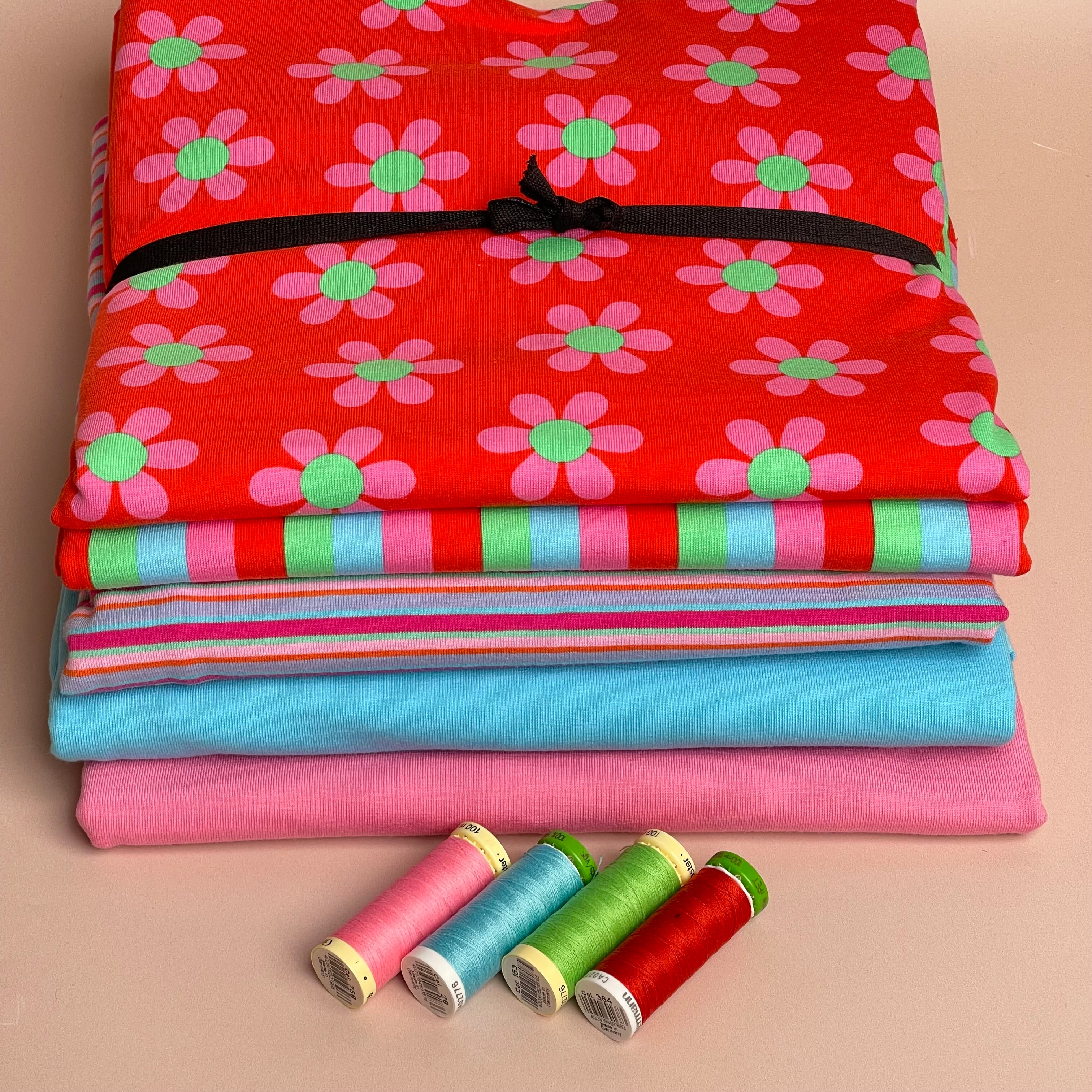 Make an Outfit Colour Bundle - Graphic Flowers and Maze Red Cotton Jersey Fabrics