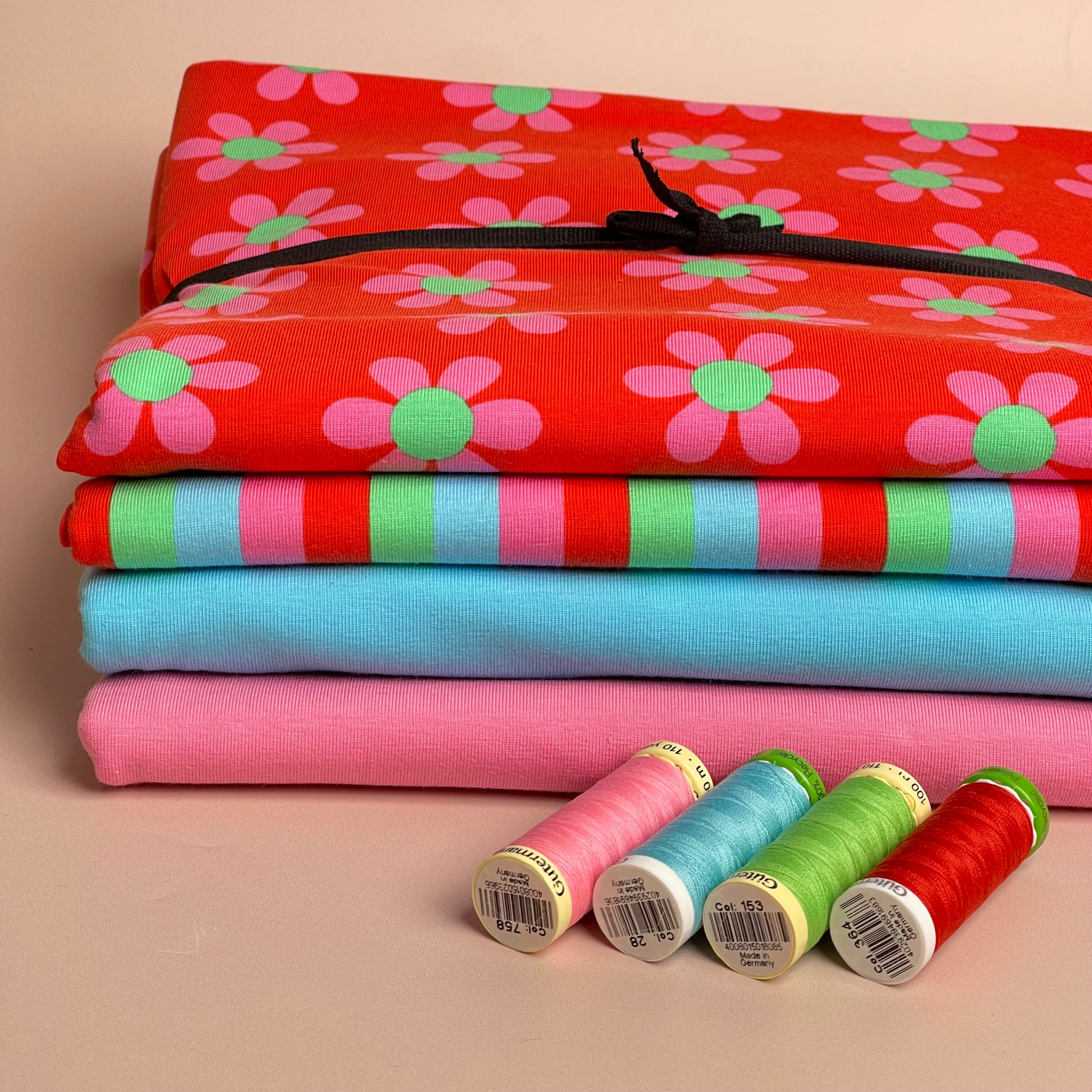 Make an Outfit Colour Bundle - Graphic Flowers and Maze Red Cotton Jersey Fabrics