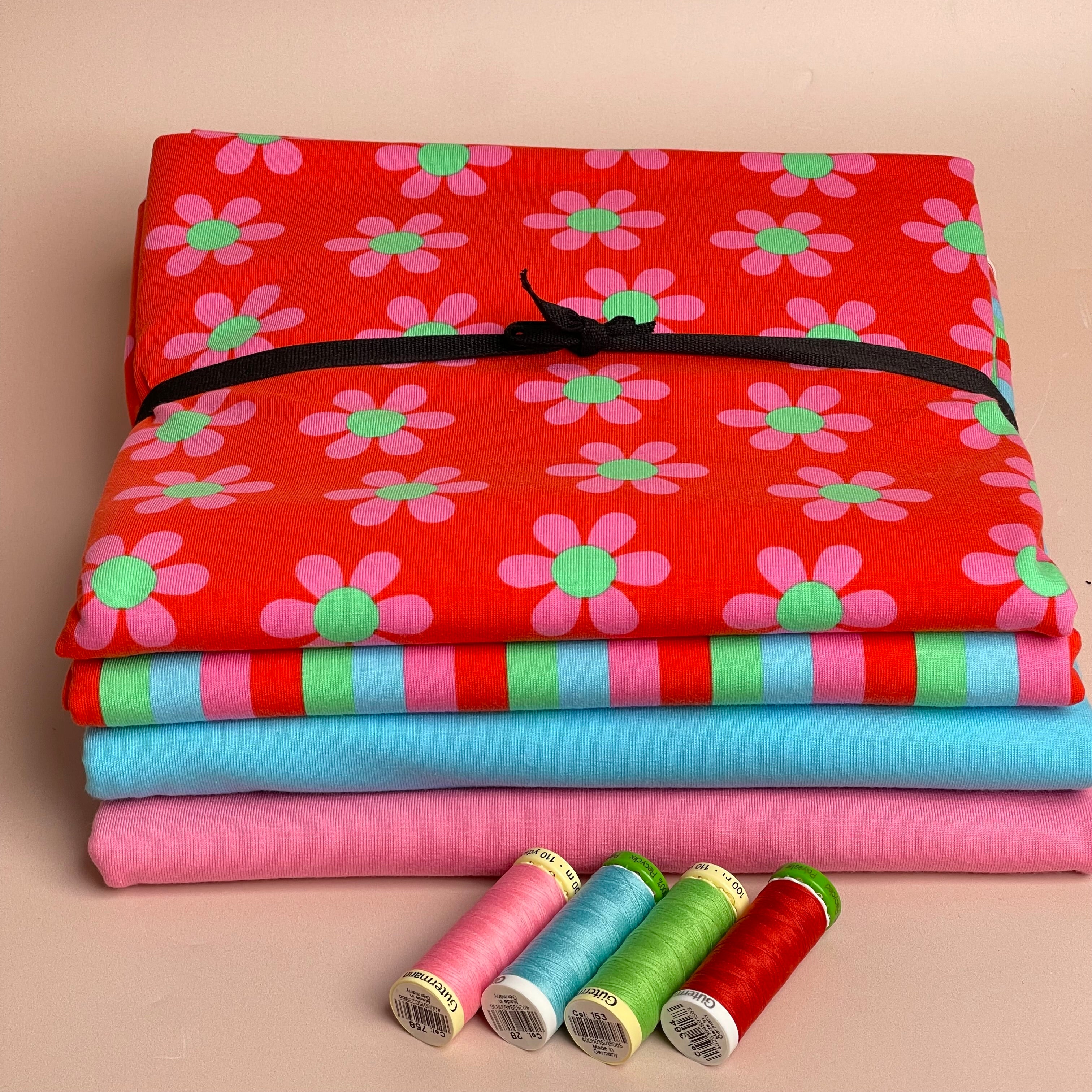 Make an Outfit Colour Bundle - Graphic Flowers and Maze Red Cotton Jersey Fabrics