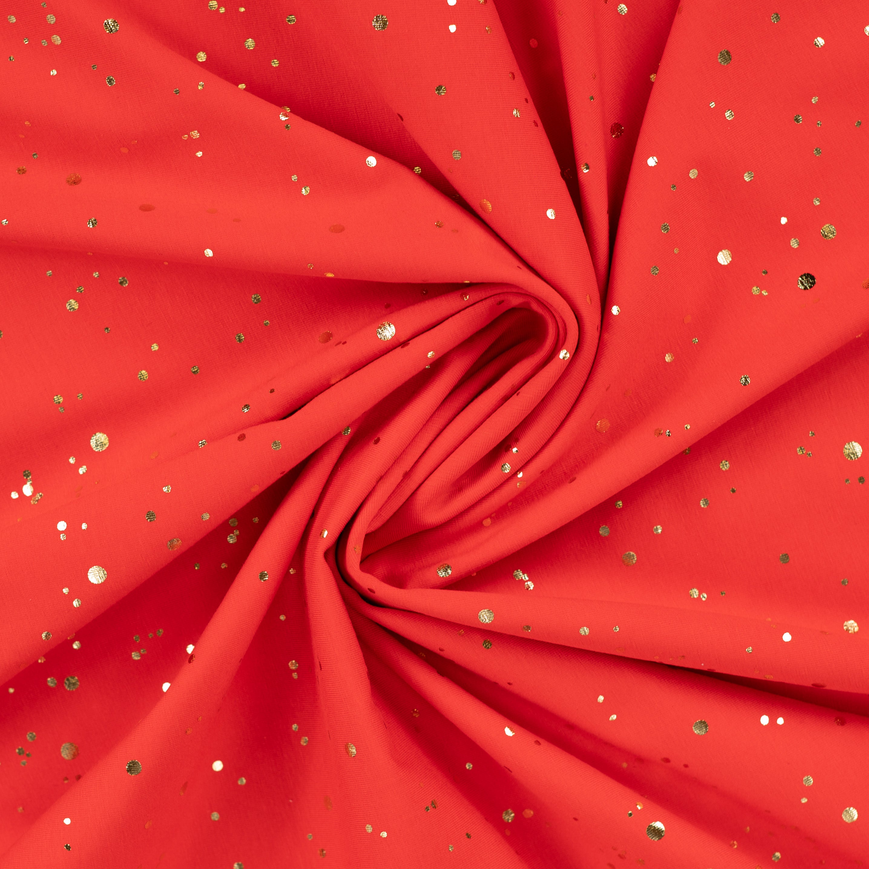 Gold Confetti on Red Cotton Jersey Fabric
