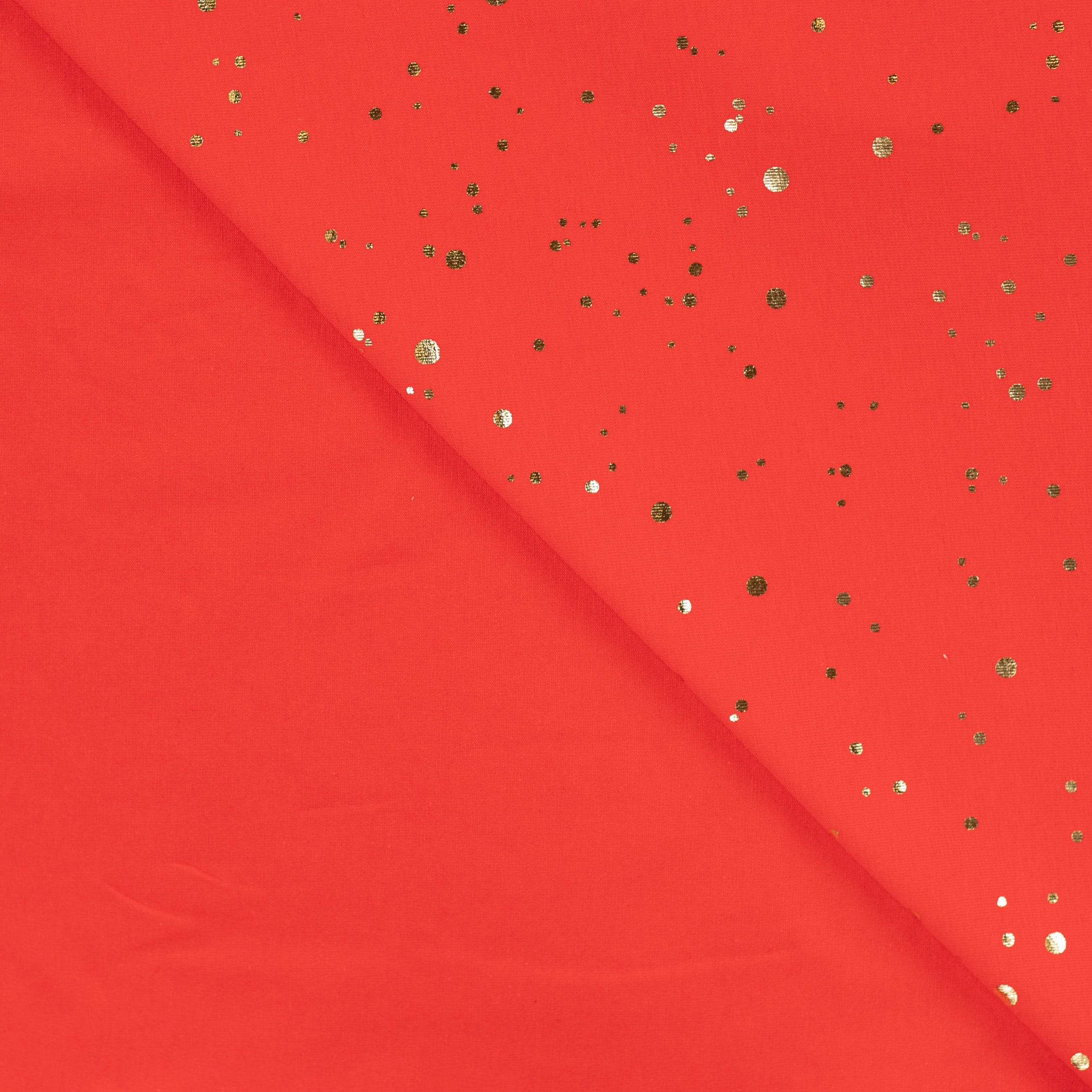 Gold Confetti on Red Cotton Jersey Fabric