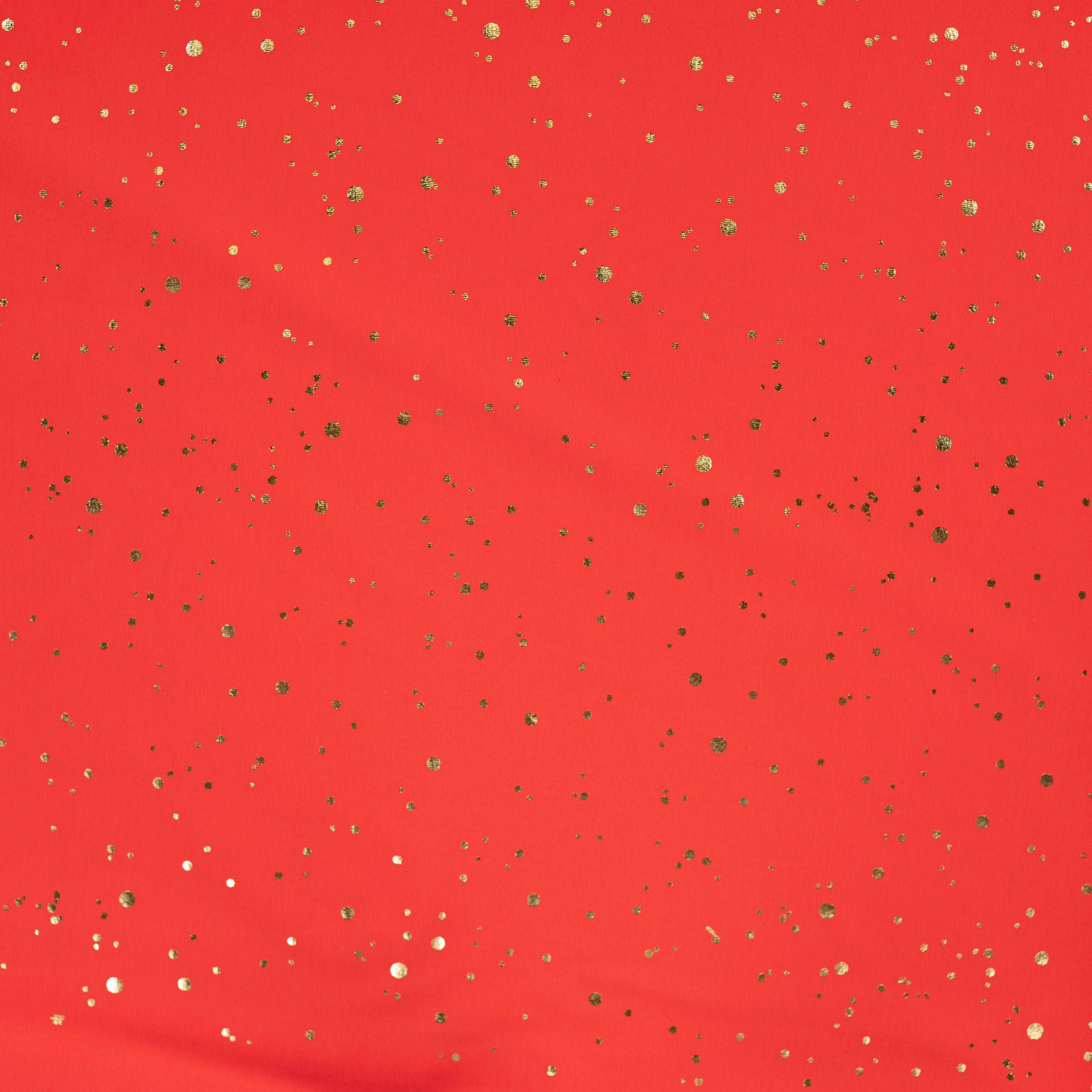Gold Confetti on Red Cotton Jersey Fabric