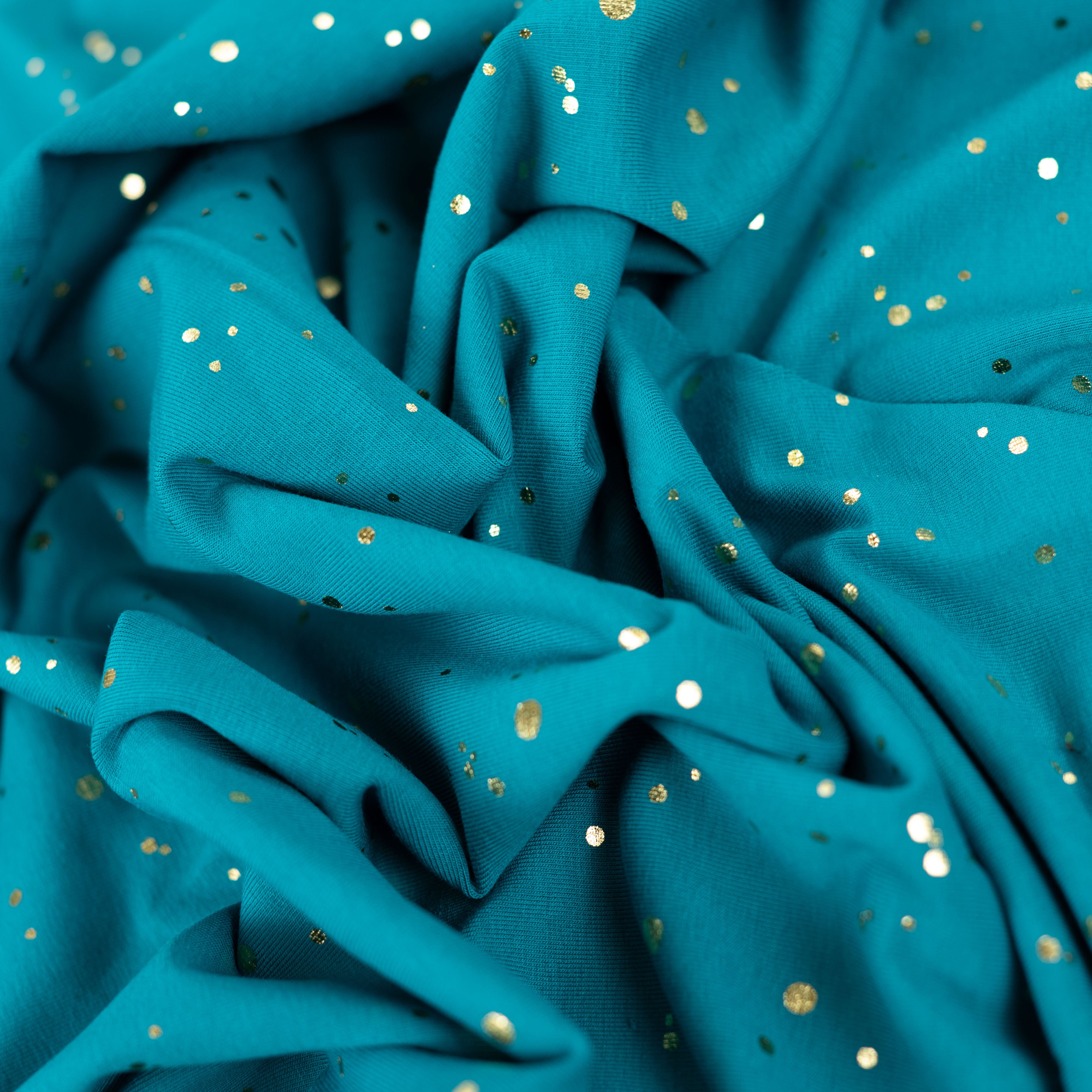 Gold Confetti on Petrol Cotton Jersey Fabric