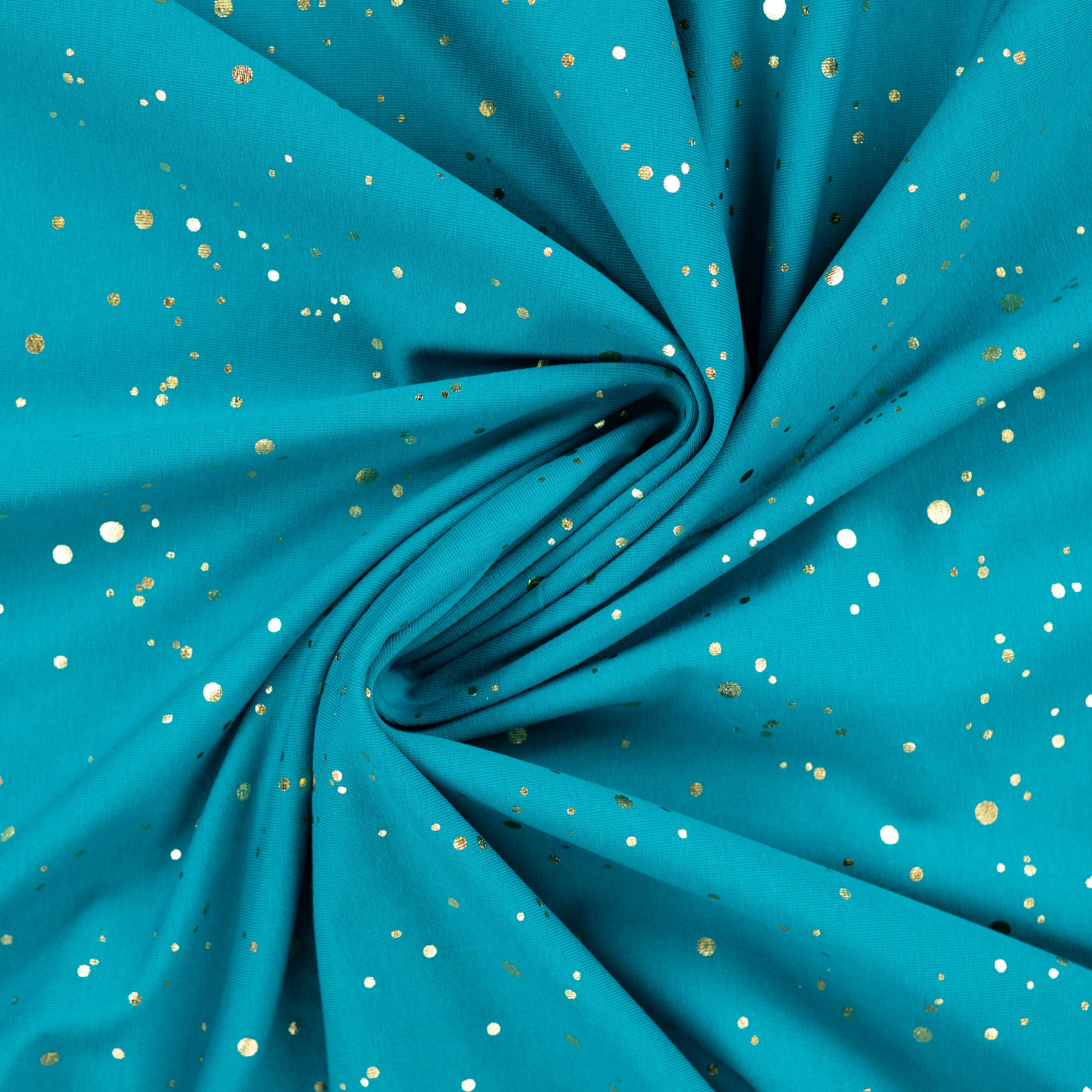 Gold Confetti on Petrol Cotton Jersey Fabric