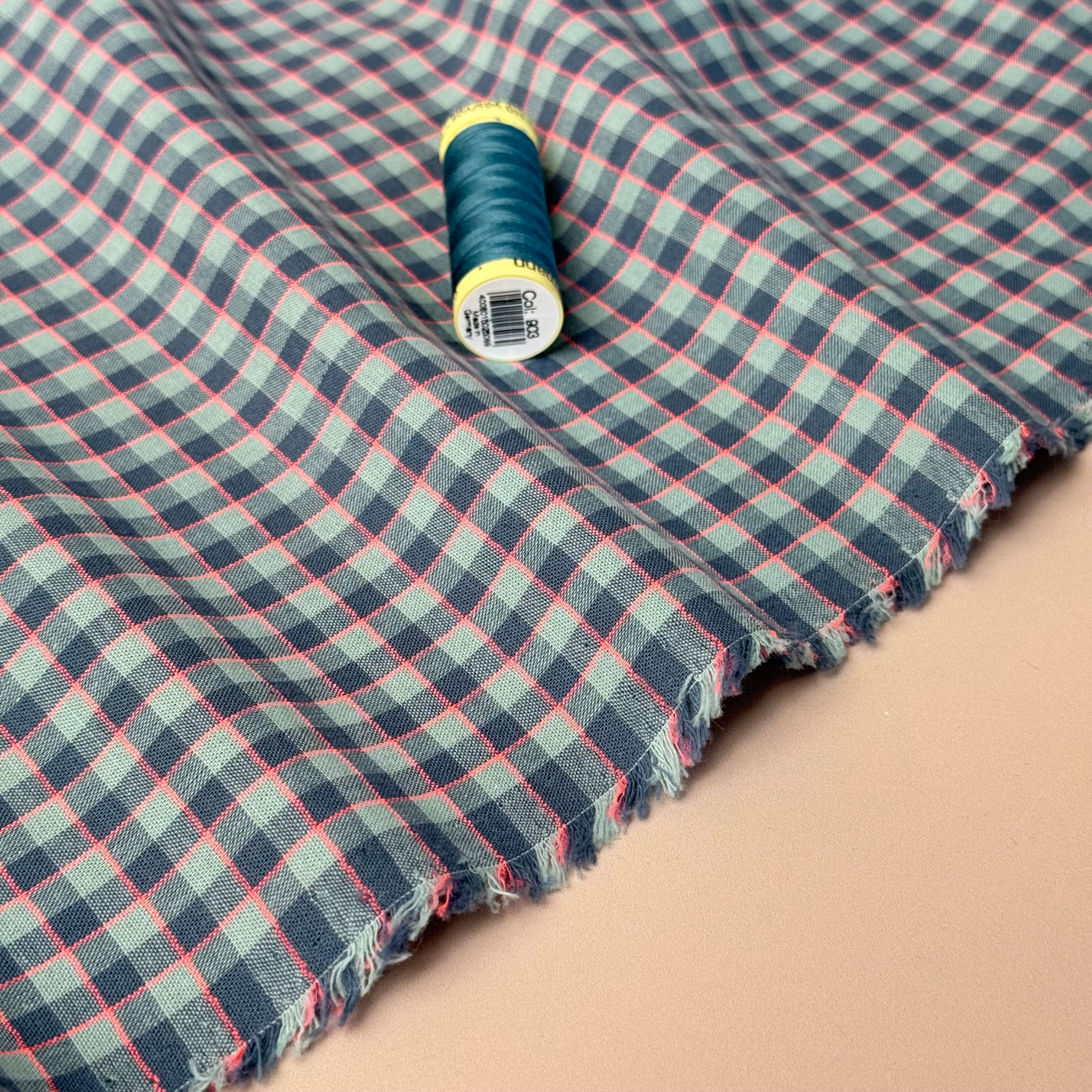 Yarn Dyed Teal & Neon Pink Gingham Cotton Fabric