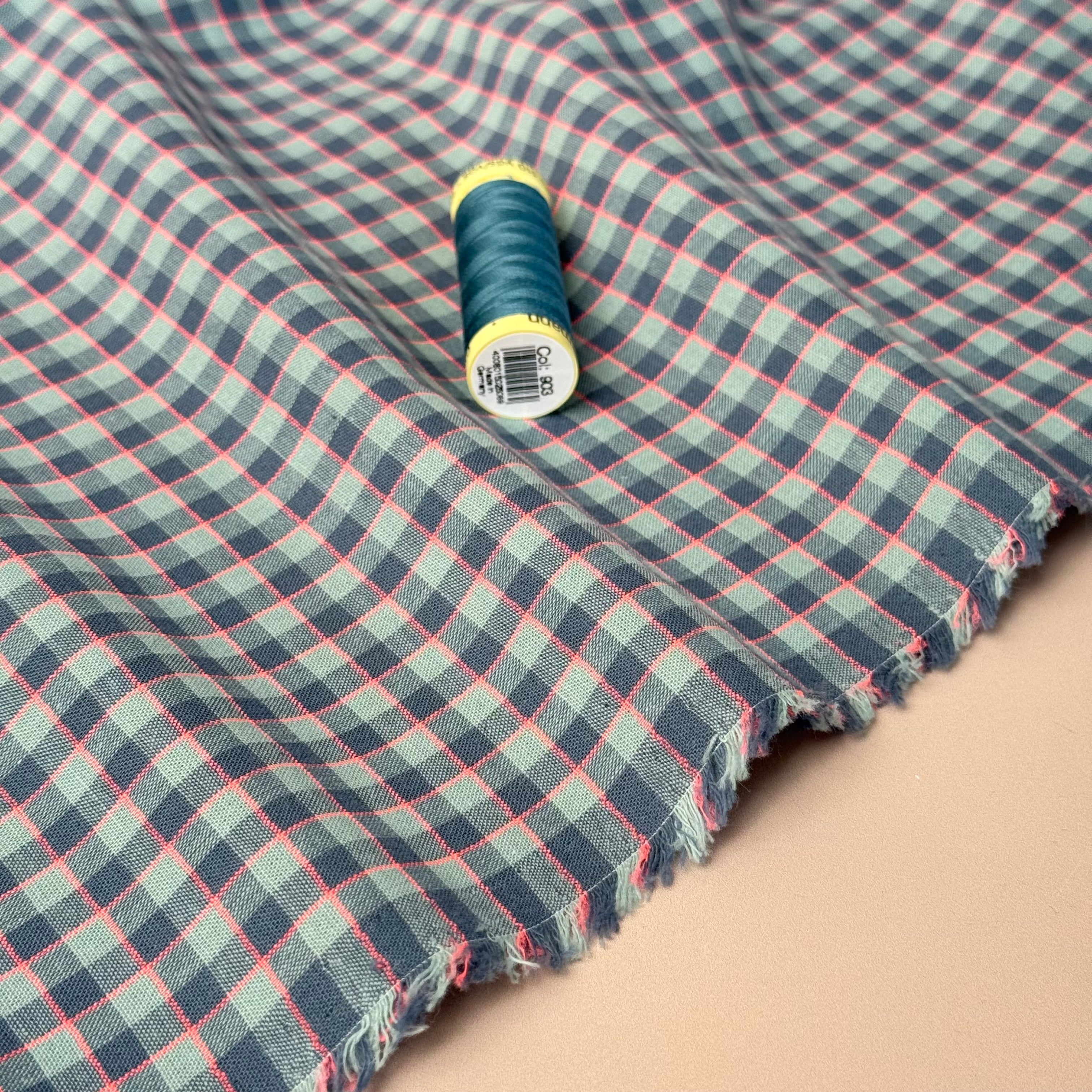 Yarn Dyed Teal & Neon Pink Gingham Cotton Fabric