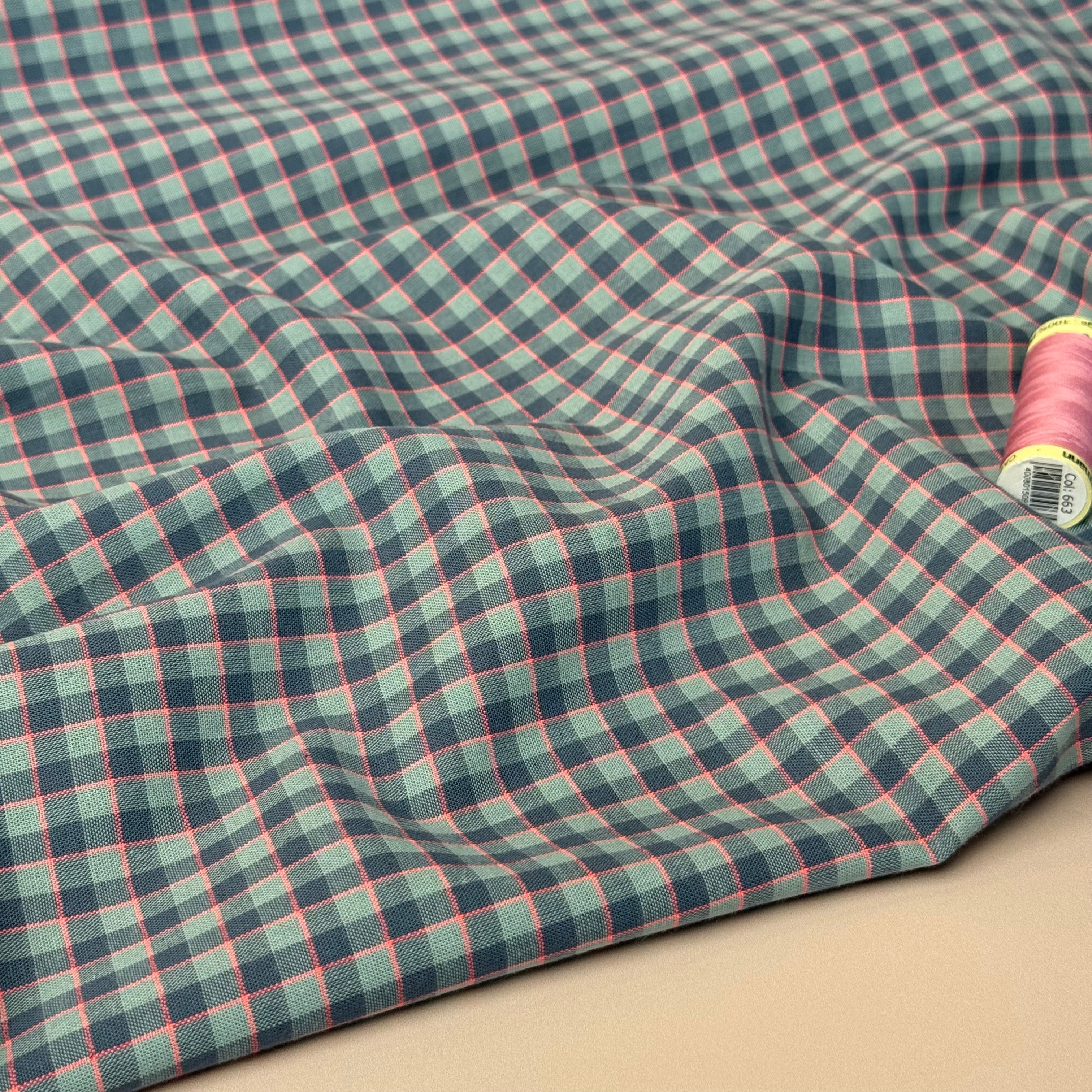 Yarn Dyed Teal & Neon Pink Gingham Cotton Fabric