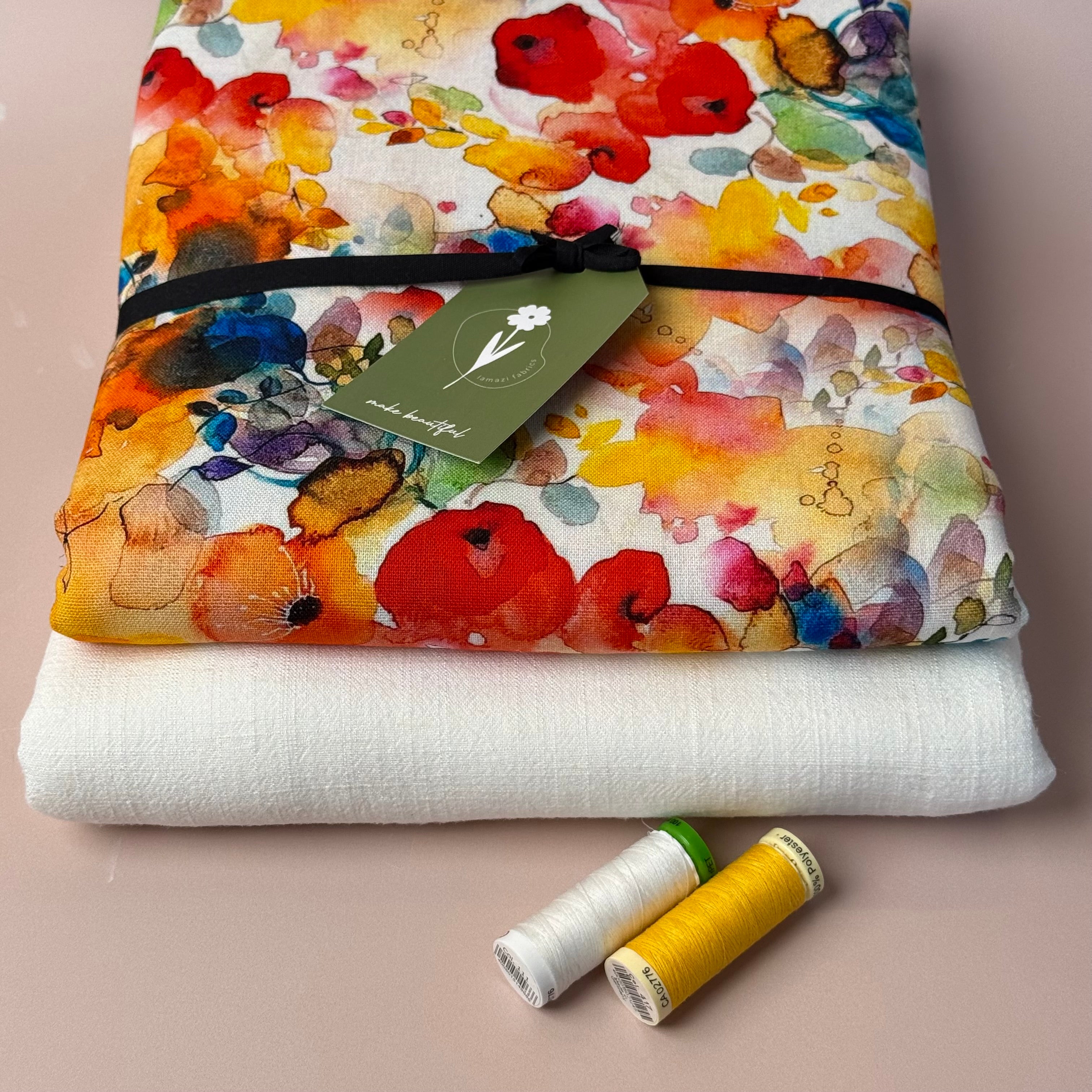 Make an Outfit Colour Bundle - Vibrant Watercolour Blooms Viscose Linen with Off-White Flow Linen Blend