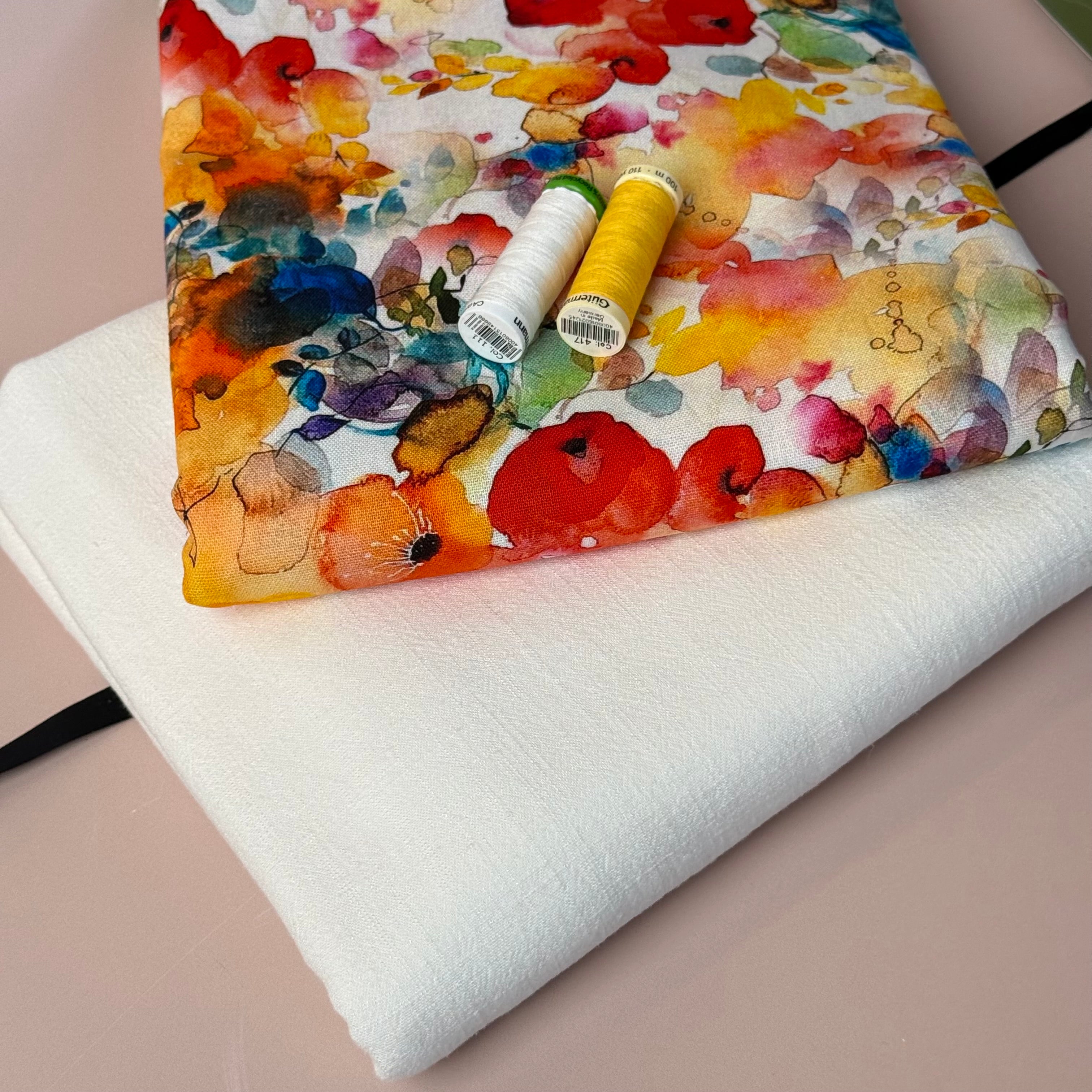 Make an Outfit Colour Bundle - Vibrant Watercolour Blooms Viscose Linen with Off-White Flow Linen Blend
