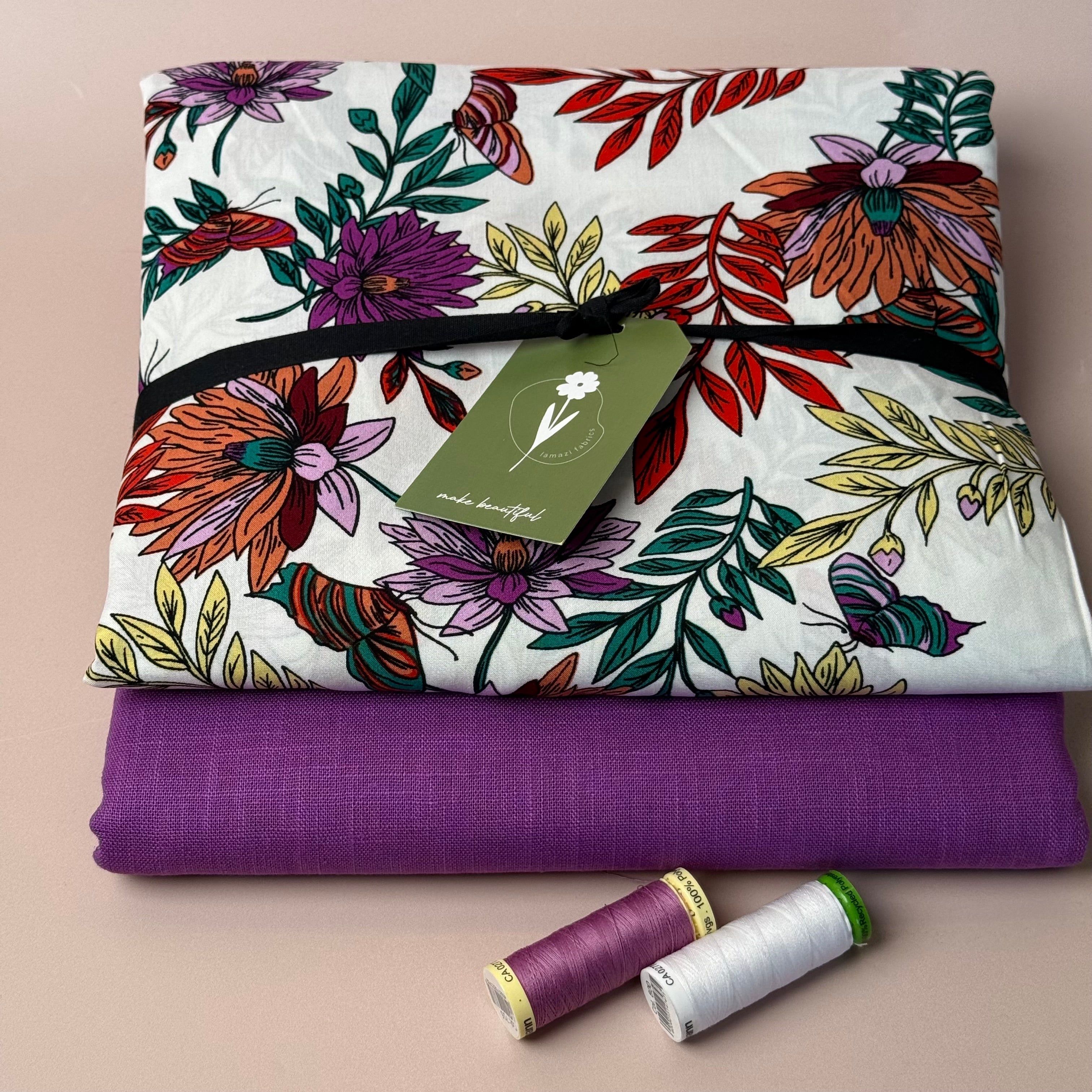 Make an Outfit Colour Bundle - Butterfly Flowers White Viscose with Breeze Cyclamen Linen