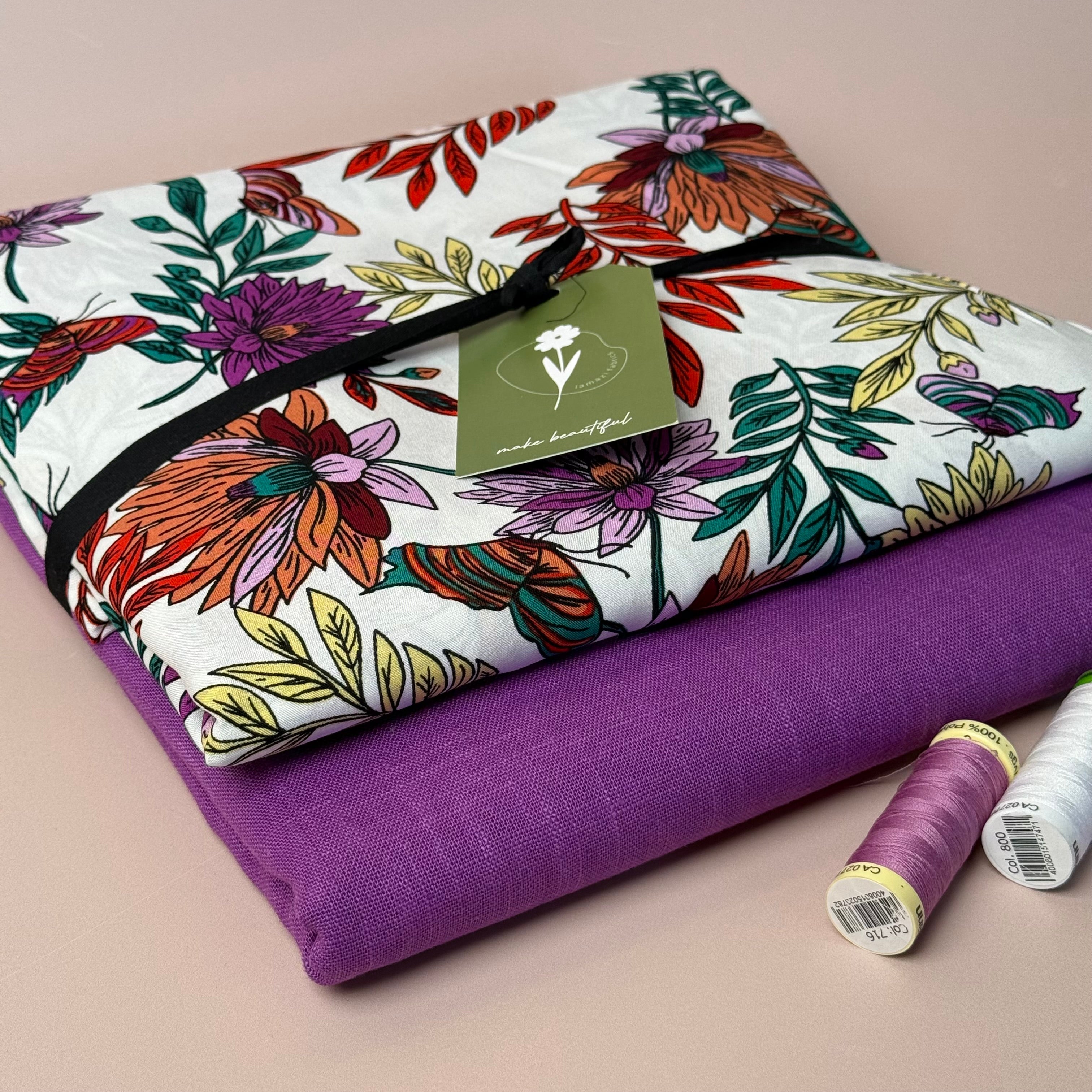 Make an Outfit Colour Bundle - Butterfly Flowers White Viscose with Breeze Cyclamen Linen