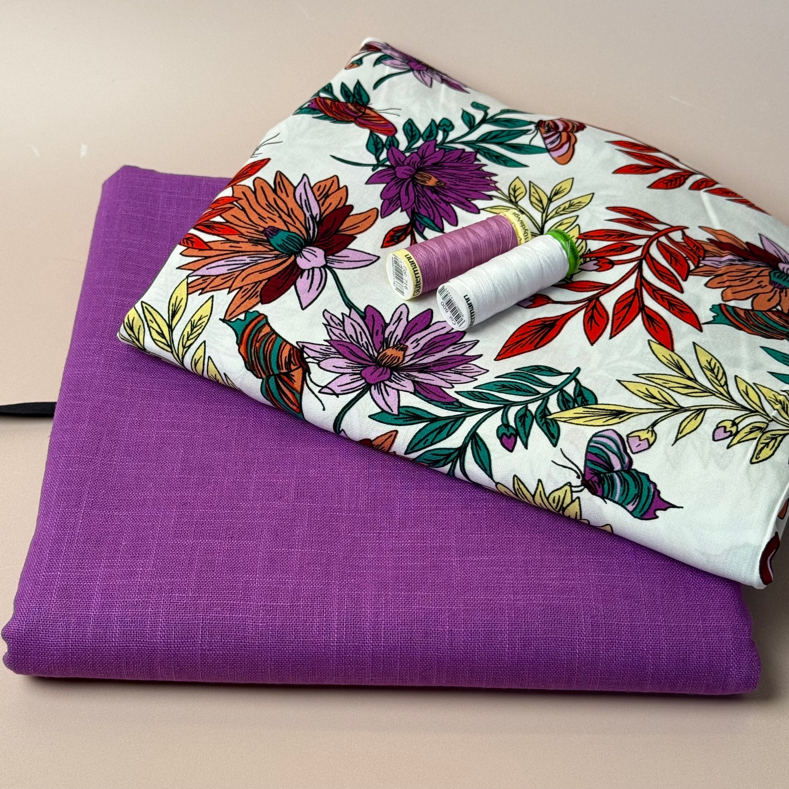 Make an Outfit Colour Bundle - Butterfly Flowers White Viscose with Breeze Cyclamen Linen