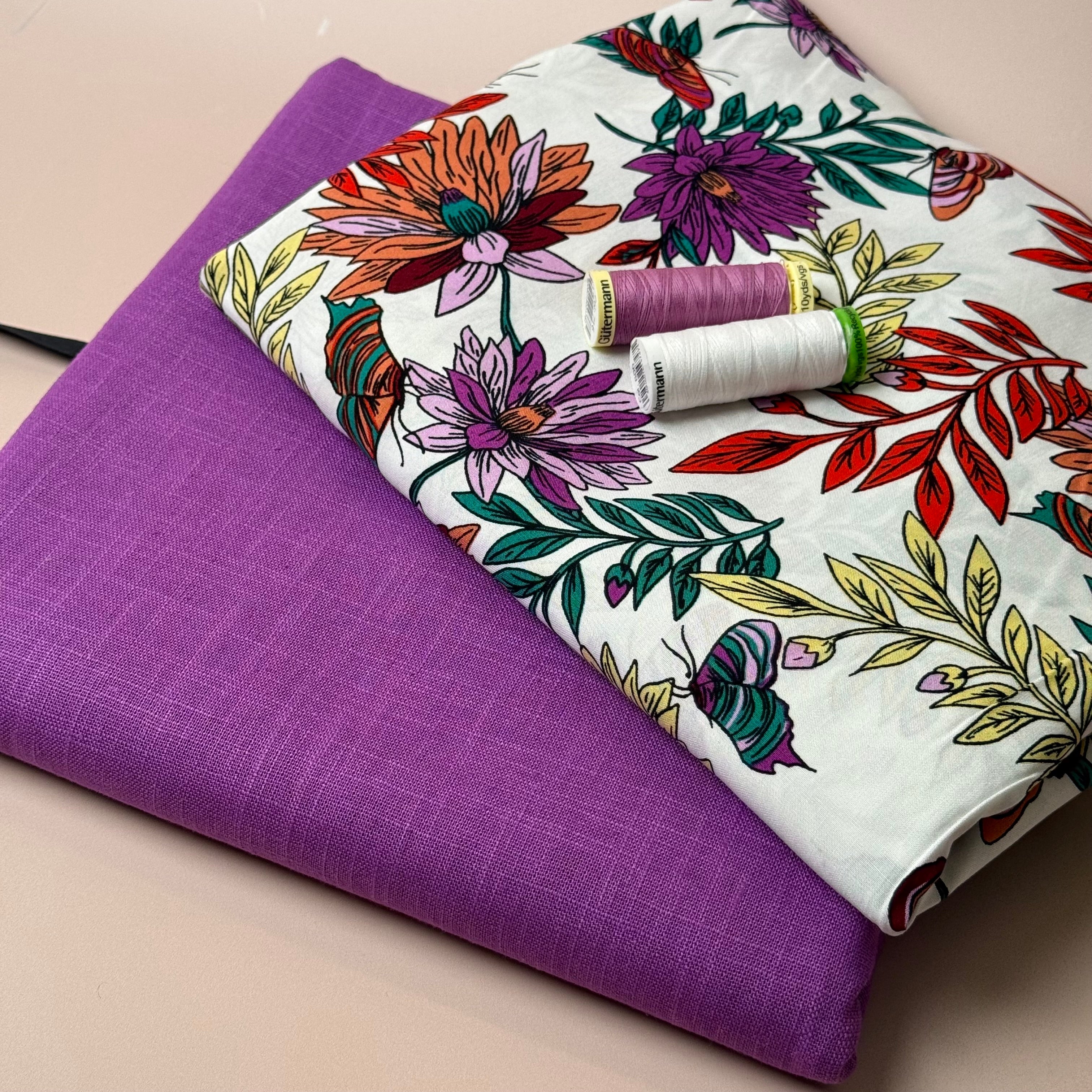 Make an Outfit Colour Bundle - Butterfly Flowers White Viscose with Breeze Cyclamen Linen
