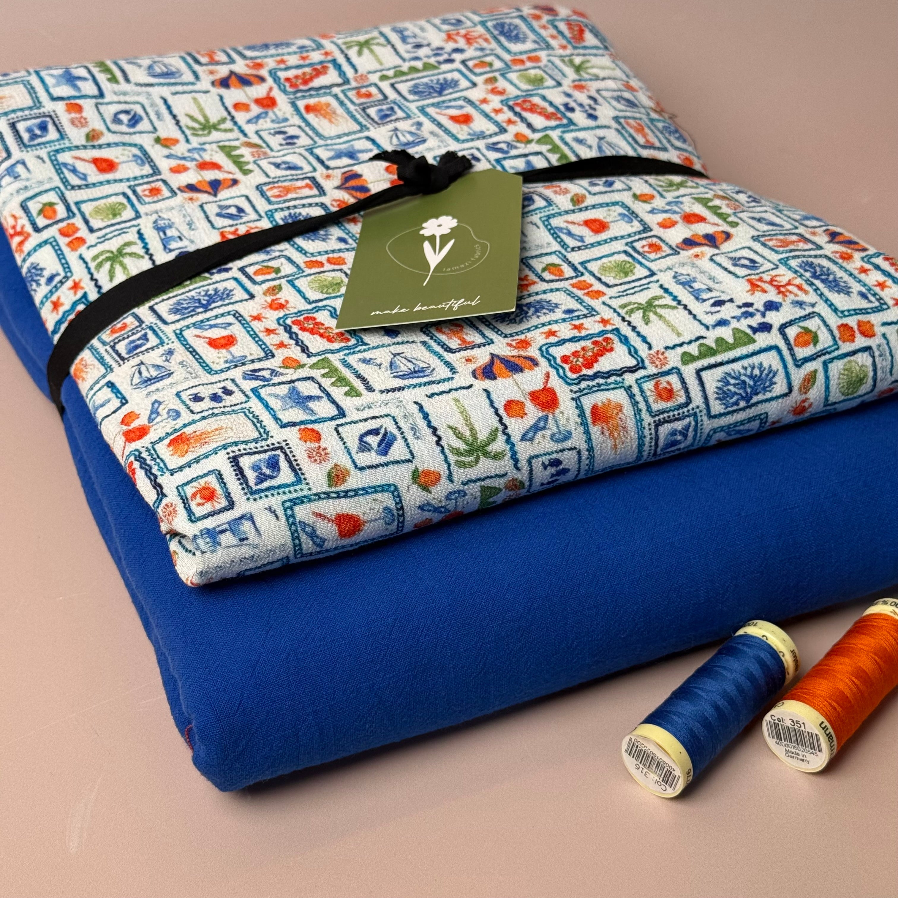 Make an Outfit Colour Bundle - Seaside Postcard Viscose Crepe with Cobalt Washed Cotton
