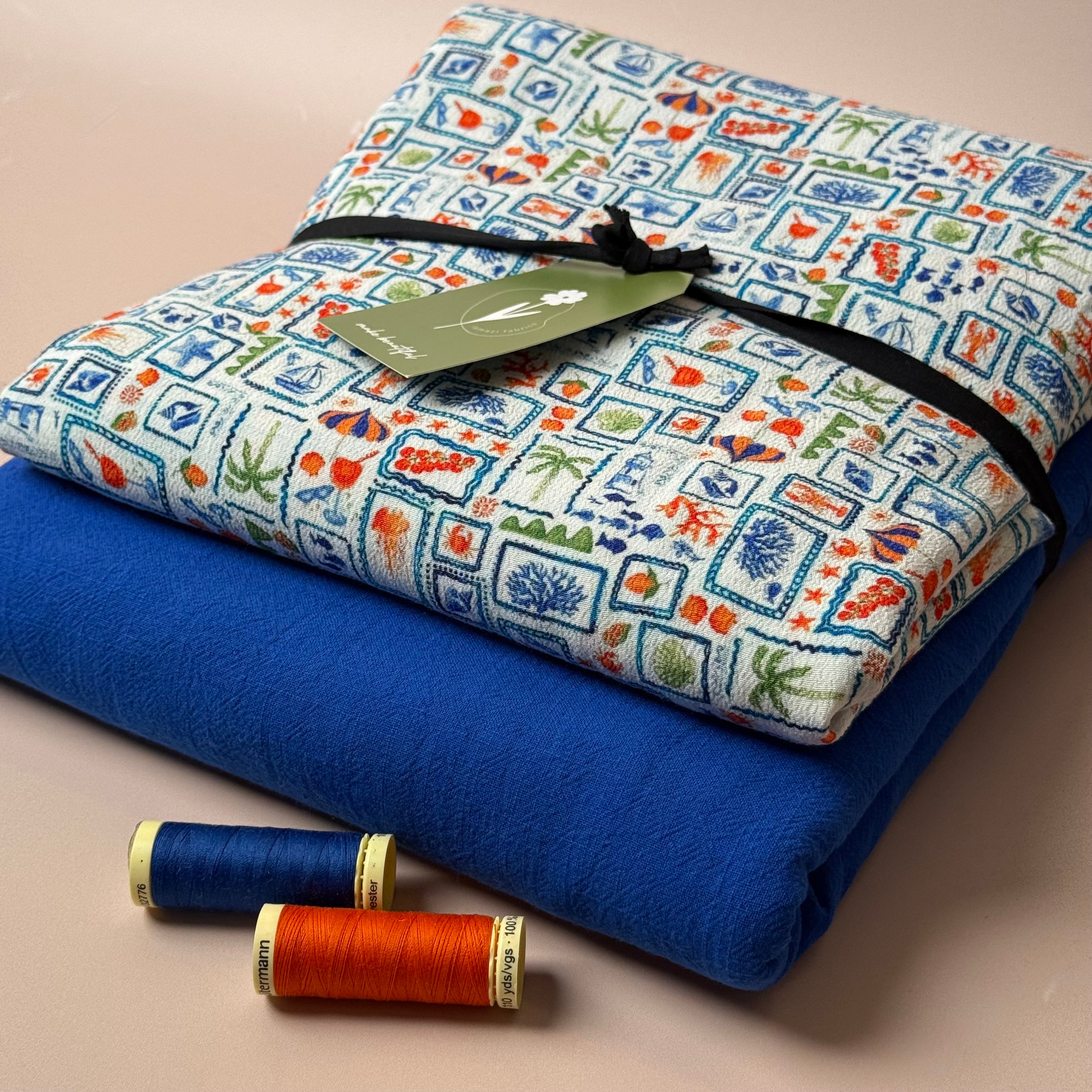 Make an Outfit Colour Bundle - Seaside Postcard Viscose Crepe with Cobalt Washed Cotton