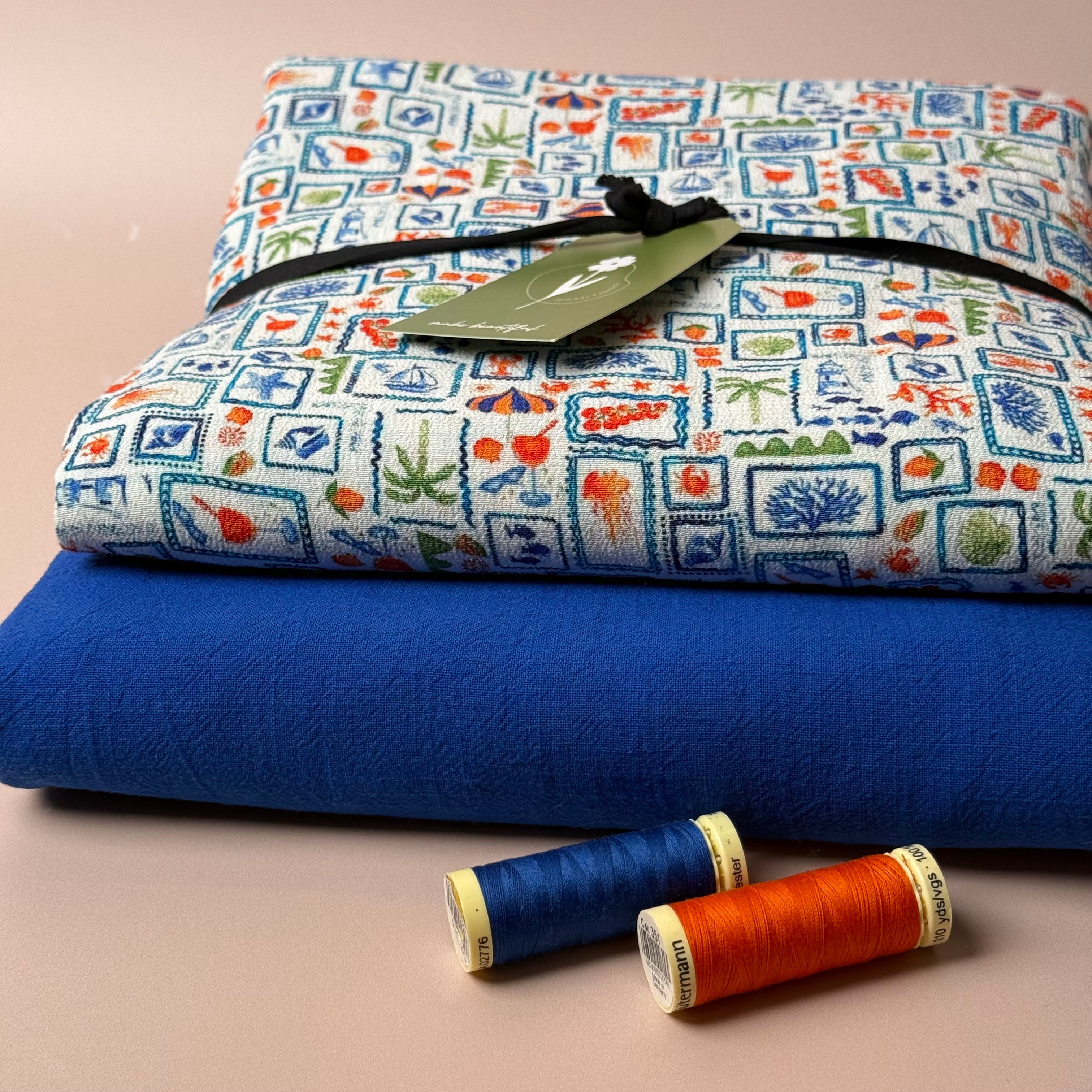 Make an Outfit Colour Bundle - Seaside Postcard Viscose Crepe with Cobalt Washed Cotton